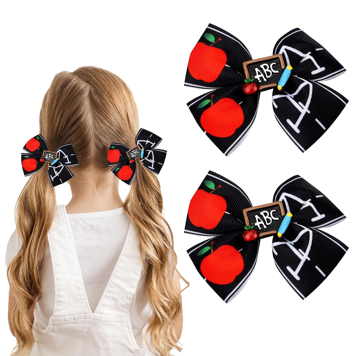 Back to School Hair Bows Clips for Girls First Day of School Bows Black Bow with Apple Letter Pencil Design Hair Clips Cute Barrettes Accessories for Styling Student Teacher Supplies