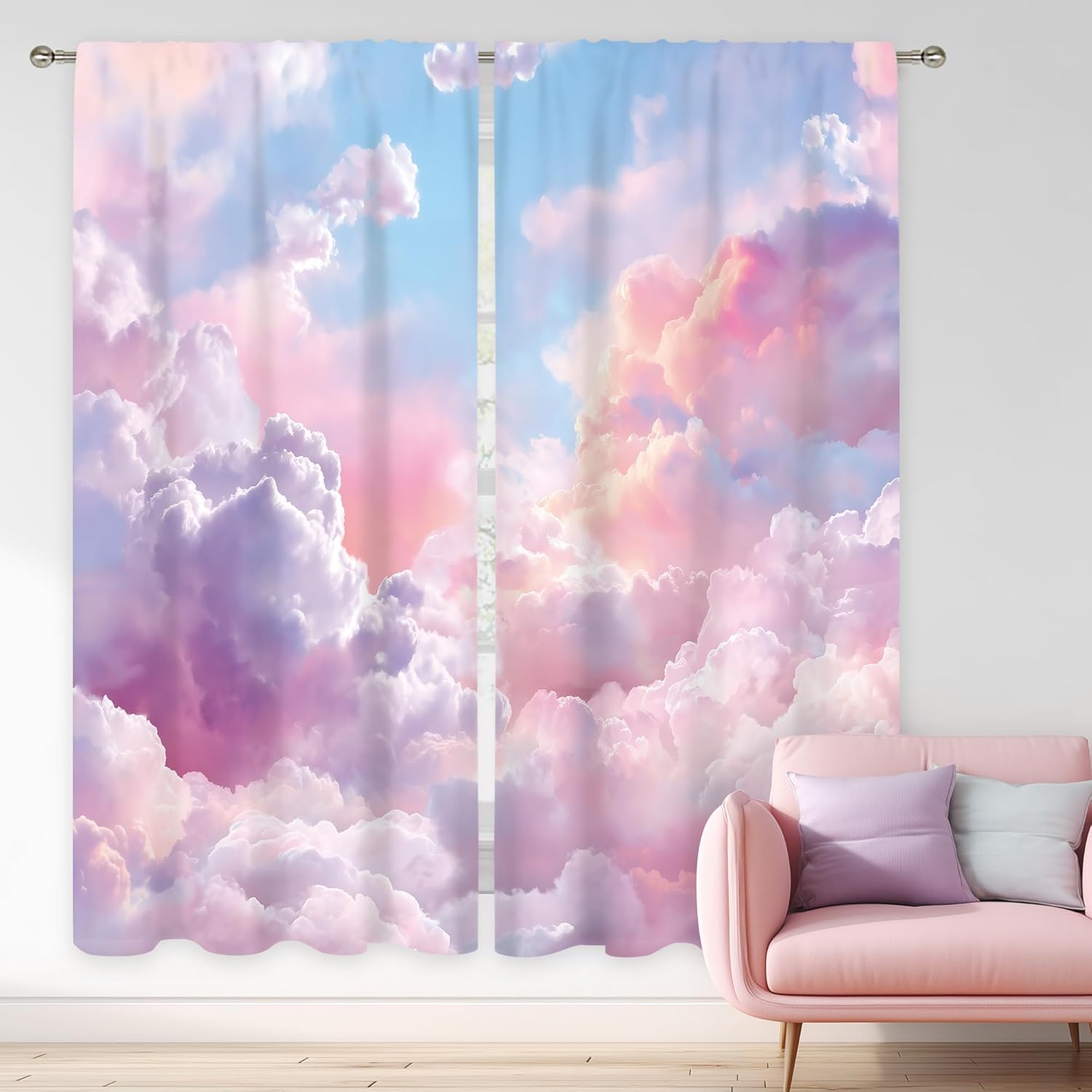 MESHELLY Pink Purple Clouds Curtains 42x63 Inches, Abstract Sky Pastel Rod Pocket Drapes for Bedroom & Living Room, Aesthetic Kids Girl Princess Colorful Cloud Print Natural Landscape Window Treatment