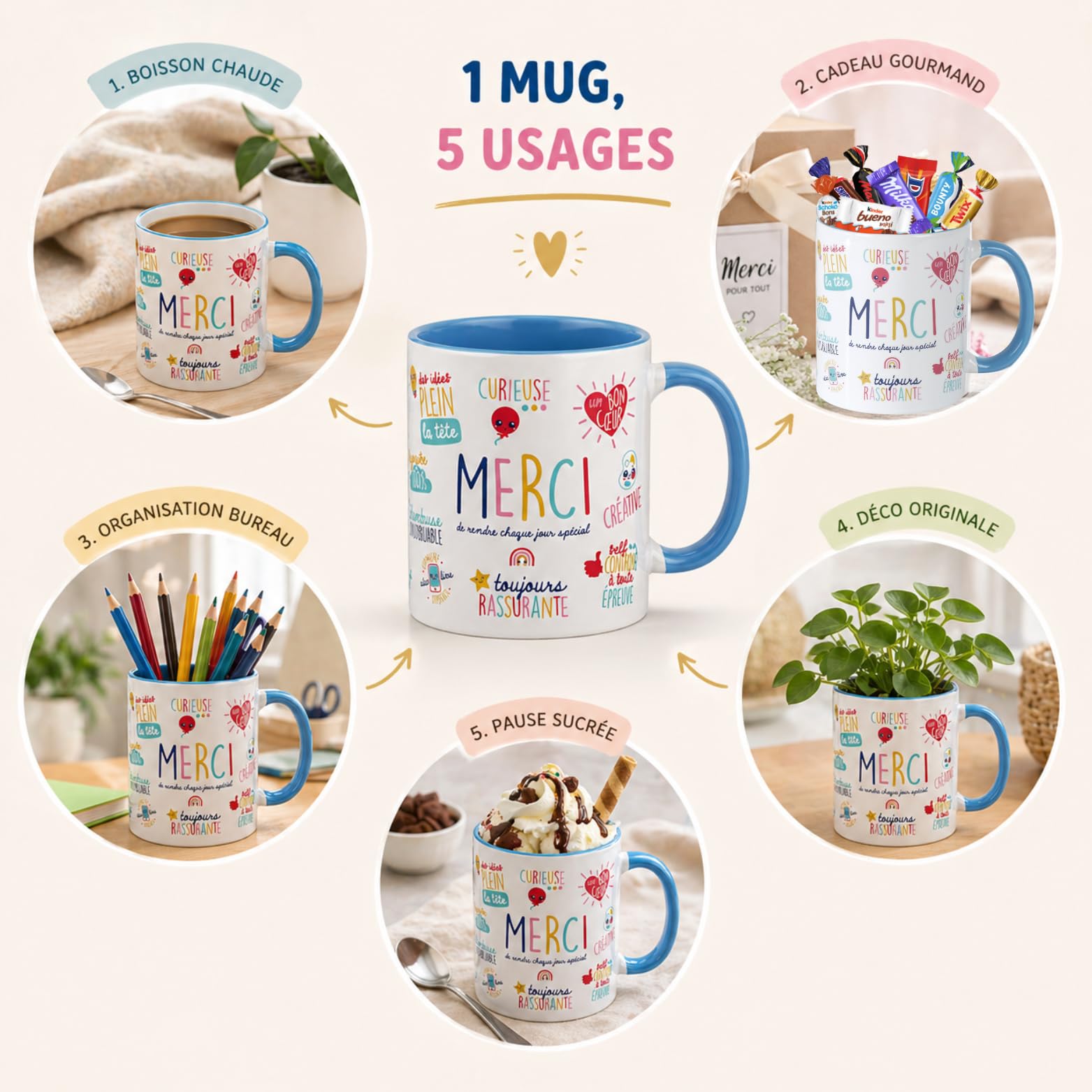 Mug MERCI garni d'un assortiment de 20 chocolats MILKA, KINDER, CELEBRATIONS, DAIM | Cadeau pour remercier les Maîtresses, ATSEM & Nounous, Collègues, Soignantes