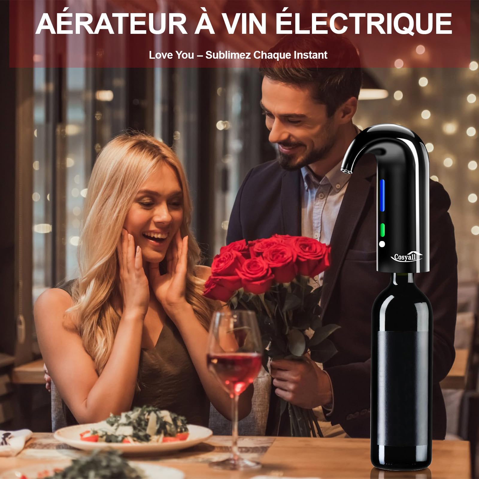 Cadeau Fête des Pères - Aérateur à vin électrique, Décanteur à vin électrique distributeur de vin automatique à un bouton Oxygénation rapide du vin rouge (Noir)