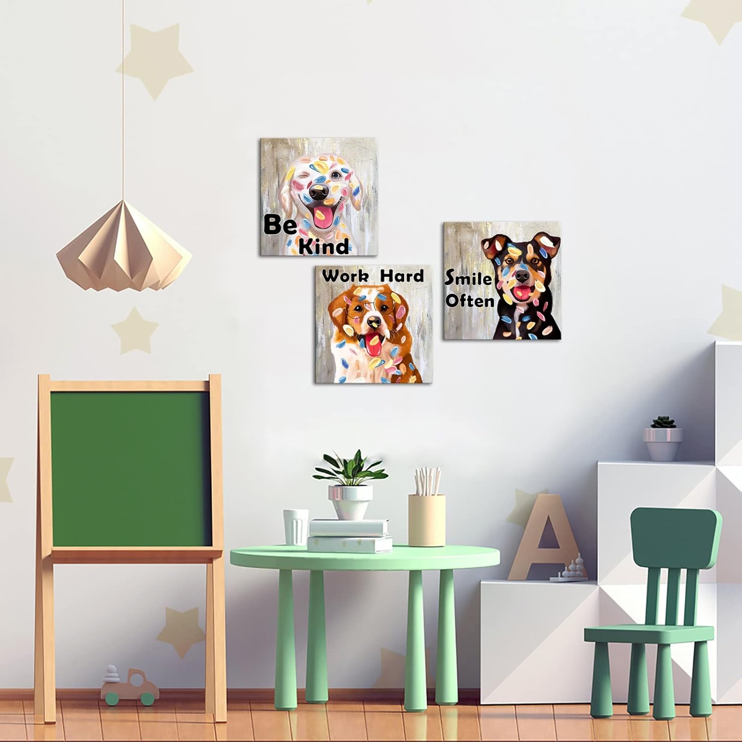 LoveHouse Funny Dog Pictures Wall Art 3 Piece Puppy Canvas Prints Wall Decor Pet Animal with Colorful Artwork Gallery Wrapped for Office Kids Boy Room 12x12inchx3 Panel
