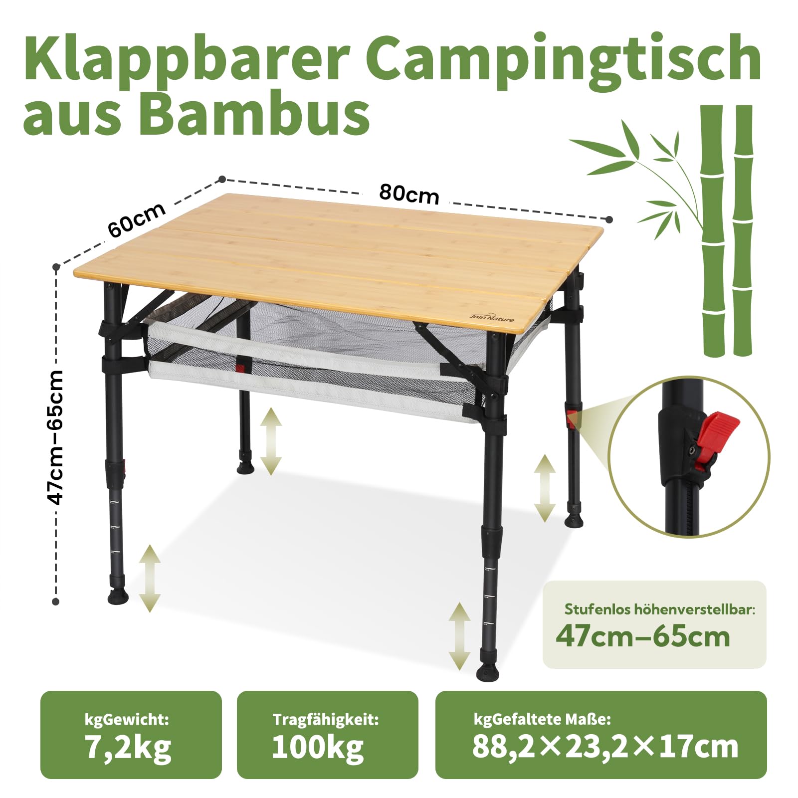 Campingtisch Klappbar Bambus 80 x 60 cm Stufenlos Höhenverstellbar 47–65cm | Big 100 kg, Aluminiumgestell mit Tragetasche & Ablagenetz Stabiler Klapptisch für Garten, Camping, Picknick