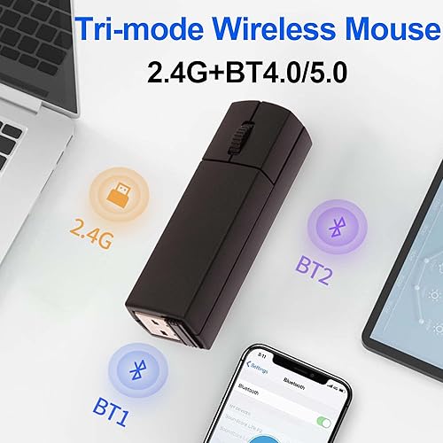 Miniatura 2 de Ratón Bluetooth inalámbrico, mini 3 modos (BT4.05.0+2.4G) Ratones de viaje recargables sin ruido con funda para mouse, 3 botones 1200 DPI Ratones