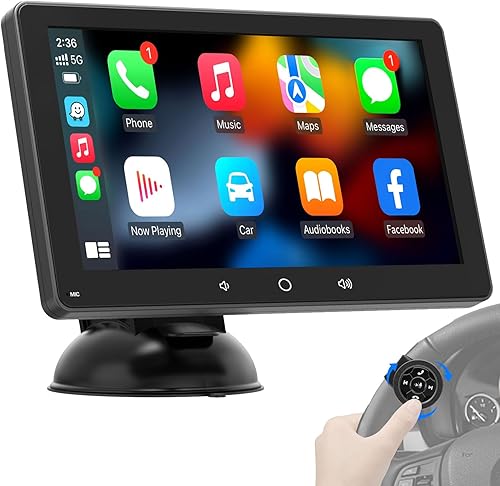 Apple CarPlay Android Auto Portátil de 7 pulgadas QLED Pantalla Táctil Estéreo para Coche - Bluetooth 5.0 Mirror Link Control Volante Asistente de