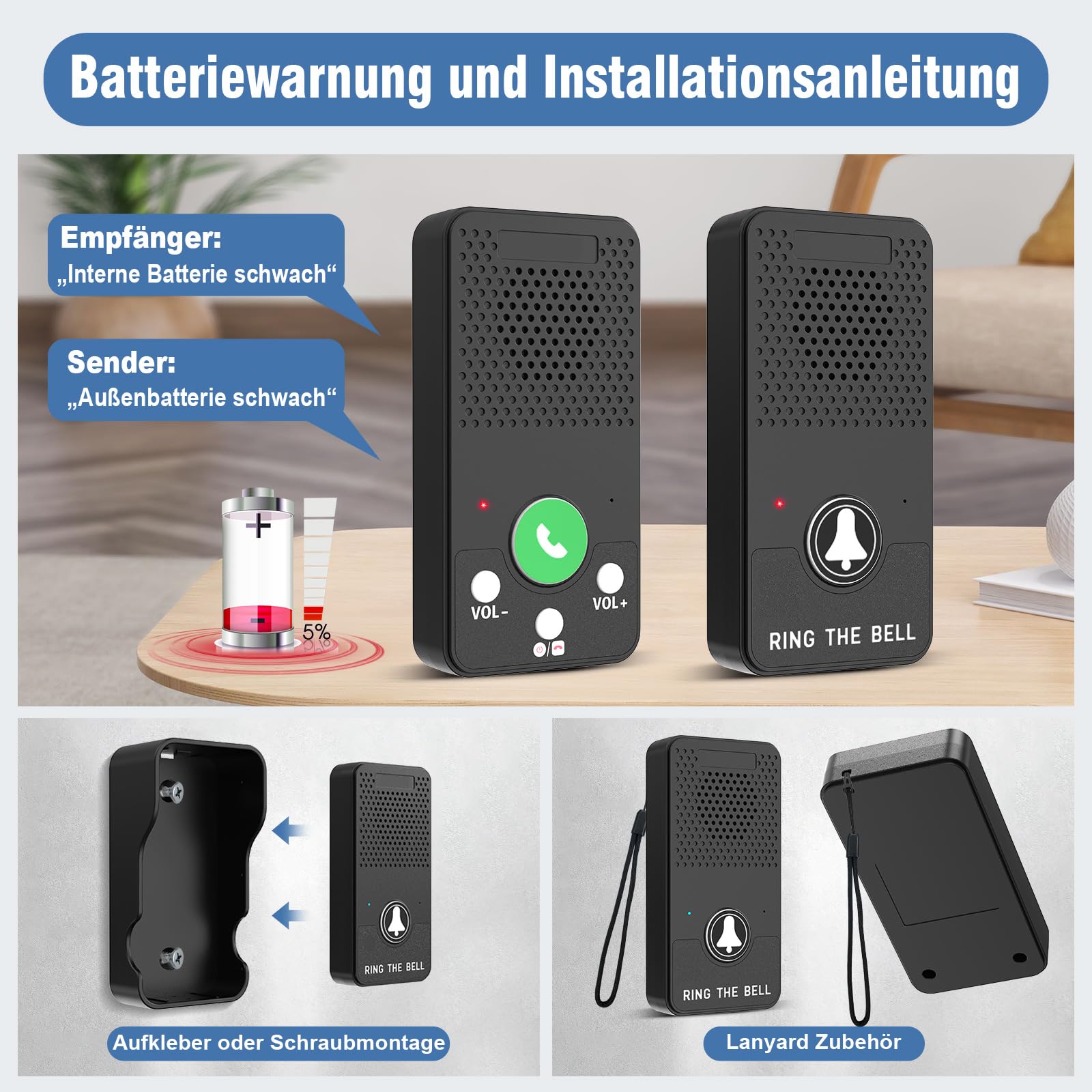 ChunHee Alarma Interna de Emergencia para Personas Mayores, 150 m, SOS para Personas Mayores, Paciente, Volumen Mayor, Nivel 8, batería de Larga duración, intercomunicador | Audio de 2 vías, sin wifi, sin cuota mensual, IPX5, 4 tonos de llamada, 8 volúmen