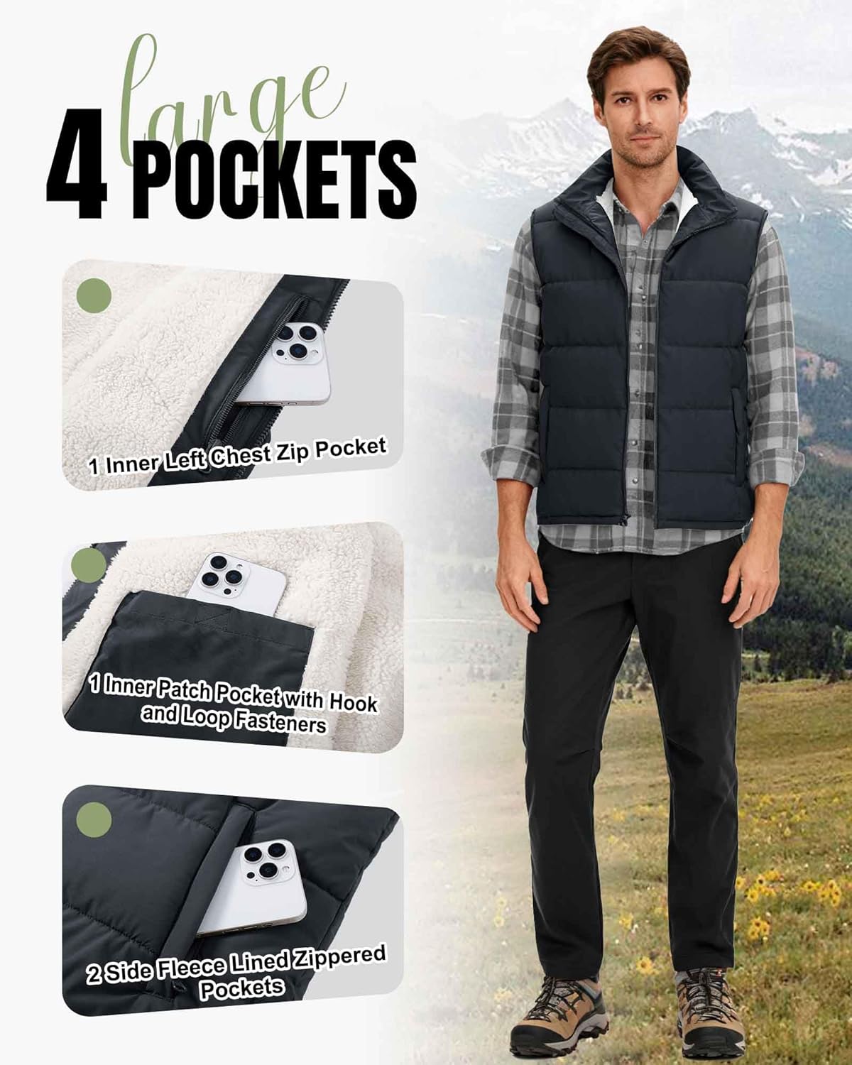 33,000ft Men's Winter Puffer Vest Outerwear Fleece Lined Warm Casual Outdoor Insulated Quilted Sleeveless Jacket - Image 2