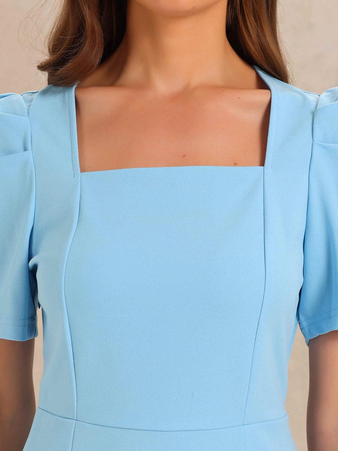 Allegra K Square Neck Dress for Women's Puff Sleeve Rear Slit Above Knee Business Casual Pencil Dress - Image 5