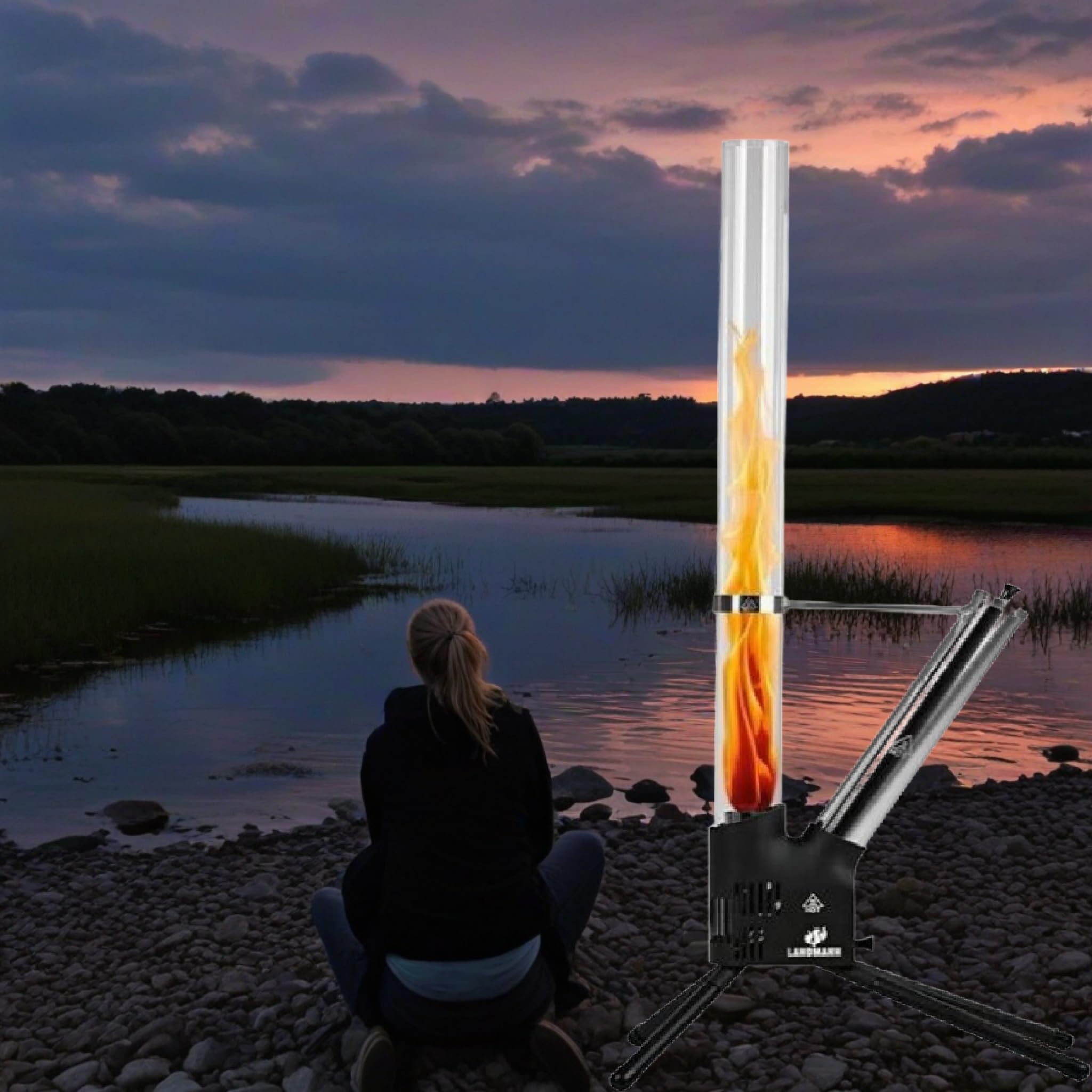 Feuersäule Schwarz/Silber – Outdoor Pellet Feuerstelle 126,5 cm mit Borosilikat-Glasrohr, raucharm, bis 75 Min. Brenndauer, Edelstahl & Aluminium für Garten und Terrasse