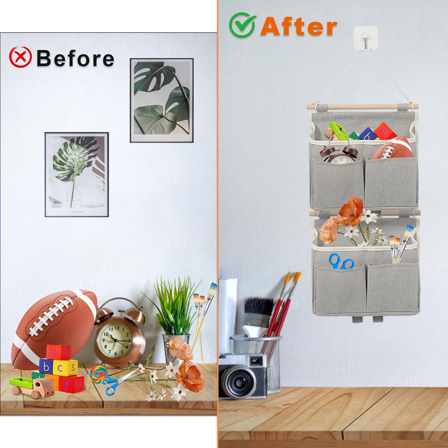 4 Pcs Wall Hanging Storage Caddy Bags, Wall Hanging Organizer Bag with Hooks, Linen Cotton Fabric Hanging Wall Door Organizer, Waterproof Hanging Pouch File Magazine Wall Mount Organizer for Bedroom