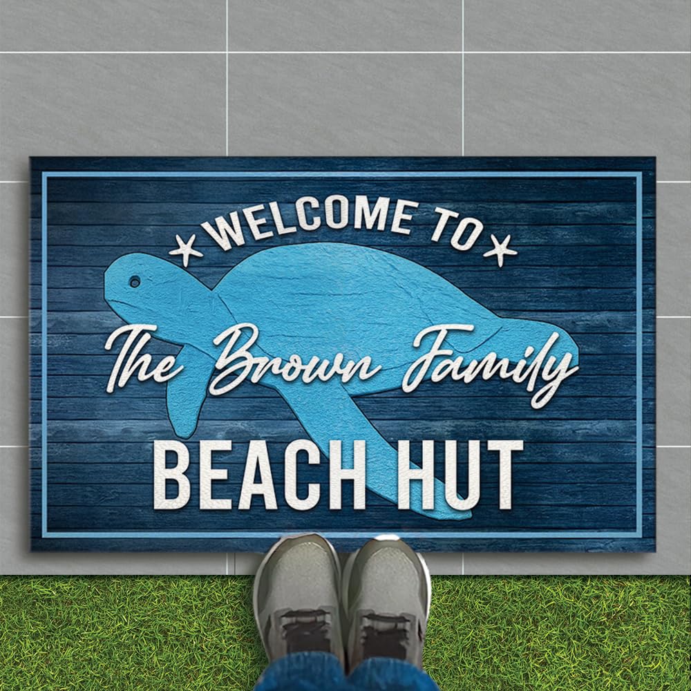 Personalized Beach House Doormat with Sea Turtle – Custom Family Name Welcome Mat for Coastal Home, Lake Retreat, or Poolside Entry – Non-Slip Outdoor