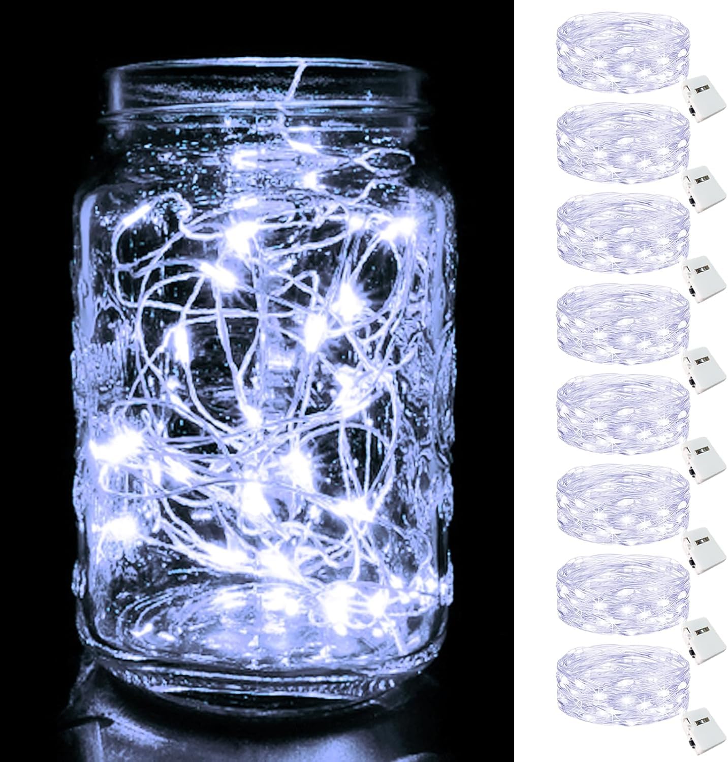 Muiltvoe Cool White 8 Pack Led Fairy Lights Battery Operated, 2M/7Ft 20Led Small String Lights, Waterproof Mini Silver Wire Bedroom Twinkle Light Indoor Outdoor For Jars, Christmas, Party,