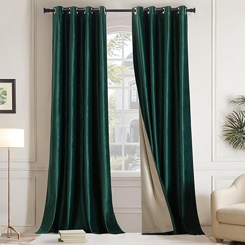 GIGIZAZA Cortinas de terciopelo 100% opacas de 84 pulgadas, 2 paneles, cortinas de ventana verde esmeralda con forro térmico de lujo para sala de