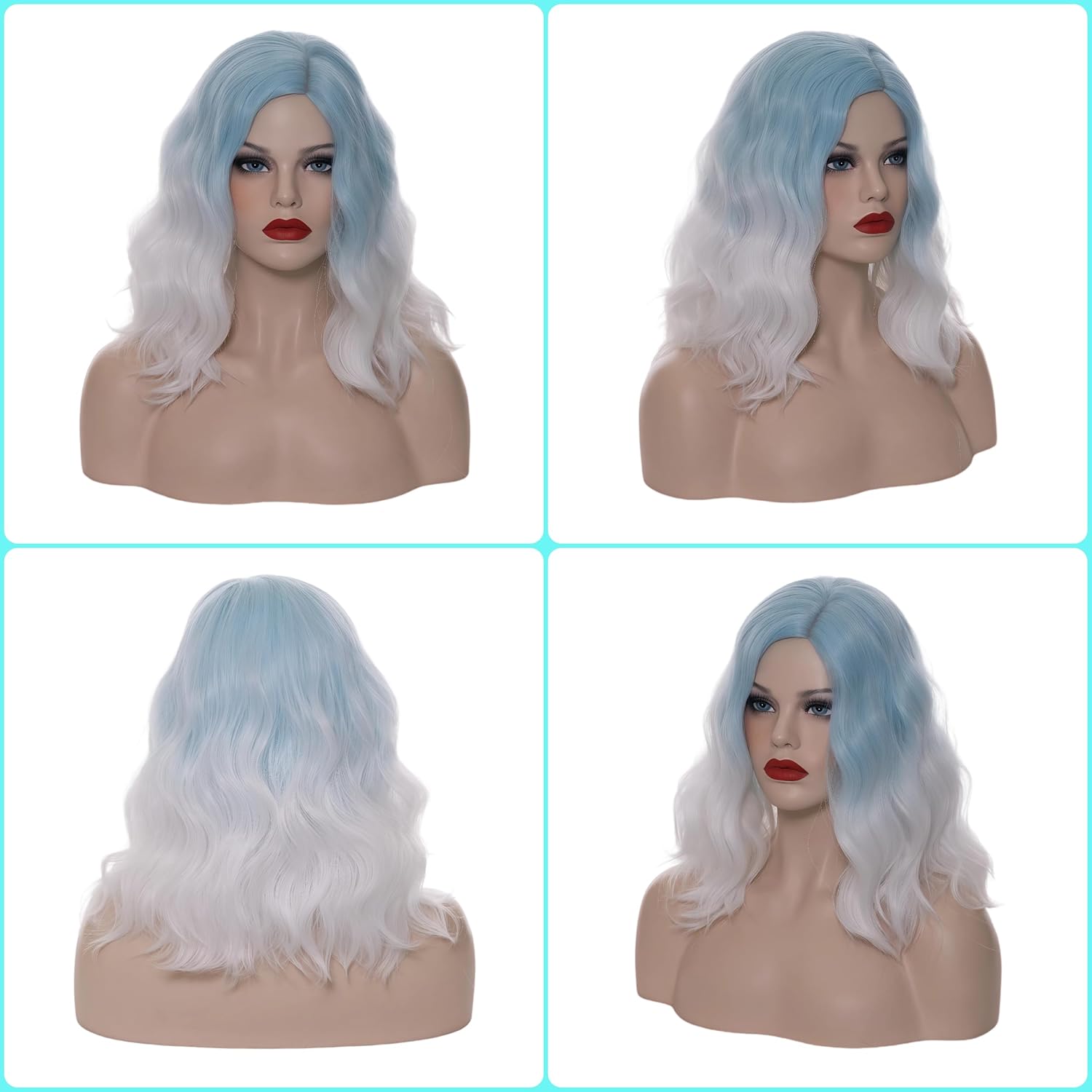 Cying Lin Short Bob Wavy Curly Wig Light Blue Ombre White Wig For Women Cosplay Halloween Wigs Heat Resistant Bob Party Wig Include Wig Cap (Light Blue Ombre White)