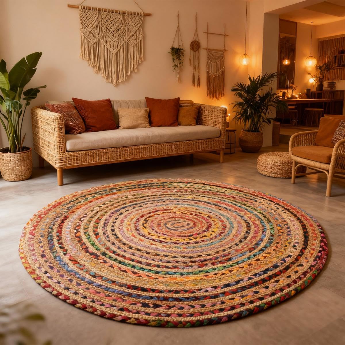 IMPALO UnAmourDeTapis Tapis Rond, Ø 80 Cm, Jute Naturelle, Motif Spirale Tressée Kilim Artisanal, Rouge, Jaune, Crème, Forme Circulaire Élégante pour Entrée, 13803