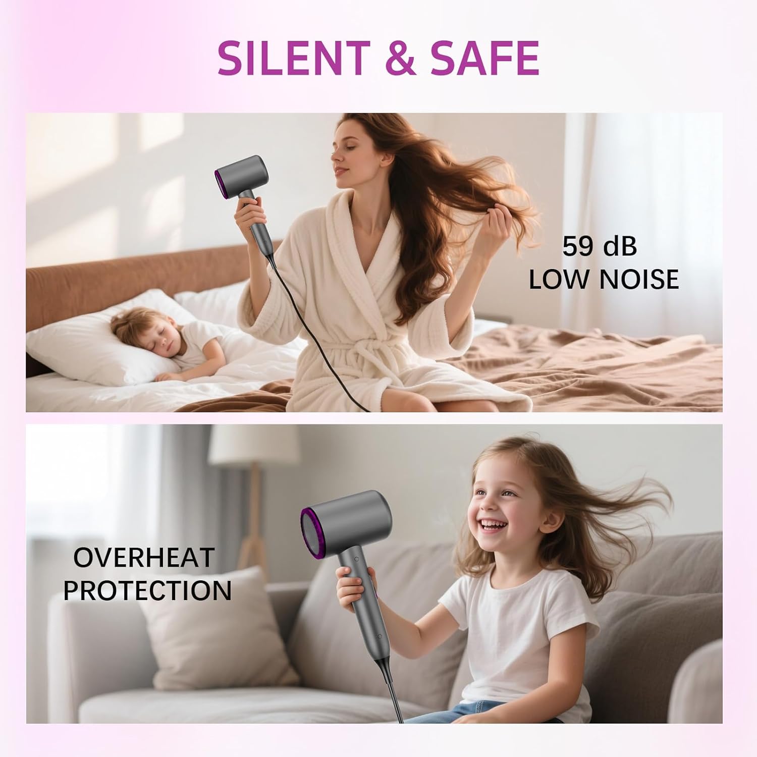 Professional Ionic Hair Dryer, 1875W Fast Drying Blow Dryer with Concentrator, Negative Ion Technology, Intelligent Constant Temperature, 2 Heat & 3 Speed Settings, Low Noise for Home Travel Salon - Image 6