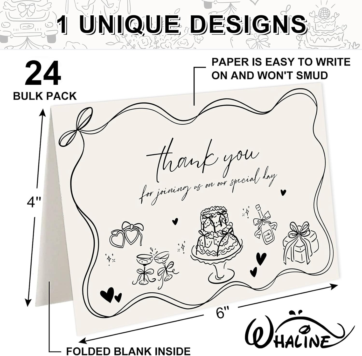 Whaline 24 Pack Wedding Thank You Cards Black Wedding Cake Champagne Thank You Greeting Note Cards with Envelope Sticker for Bridal Shower Engagement - Image 2