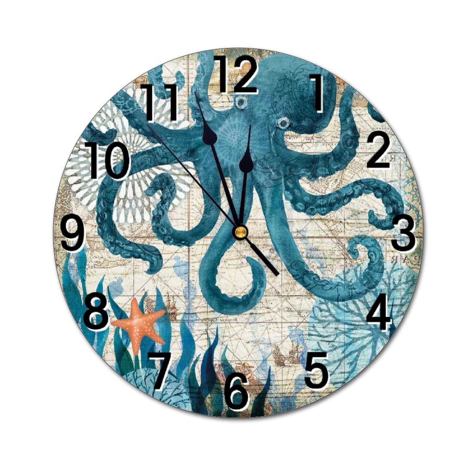 Horloge murale bleue carte nautique ronde et silencieuse de 30,5 cm pour salon