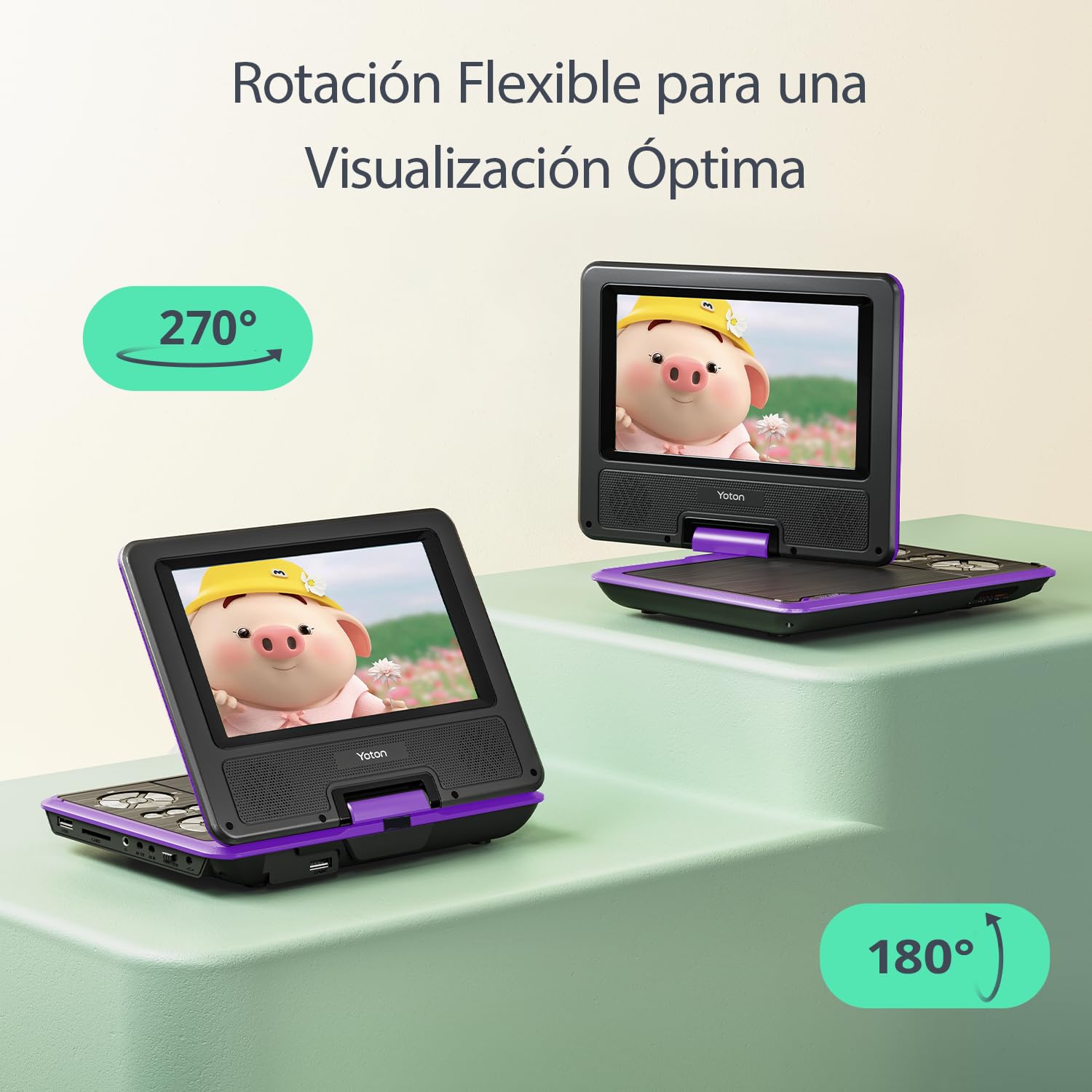 Yoton Reproductor de DVD portátil de 9,5 Pulgadas para niños con Pantalla giratoria HD de 7,5 Pulgadas, Altavoz estéreo, sincronización TV/USB/Tarjeta SD, Morado