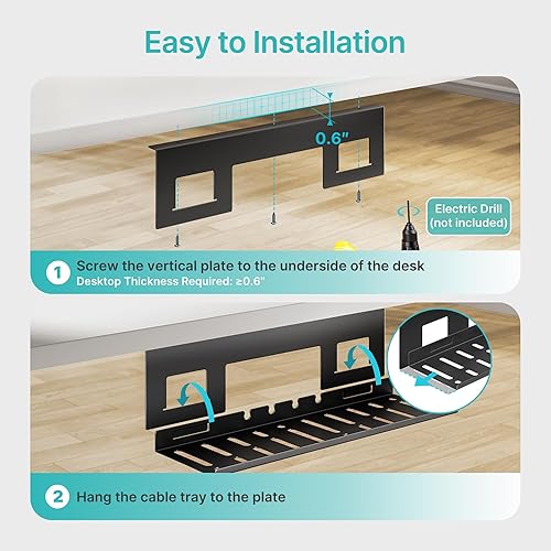 Miniatura 7 de Bandeja de organización de cables debajo del escritorio, estante organizador de cables de metal de 15.7 pulgadas, bandeja de escritorio para regleta