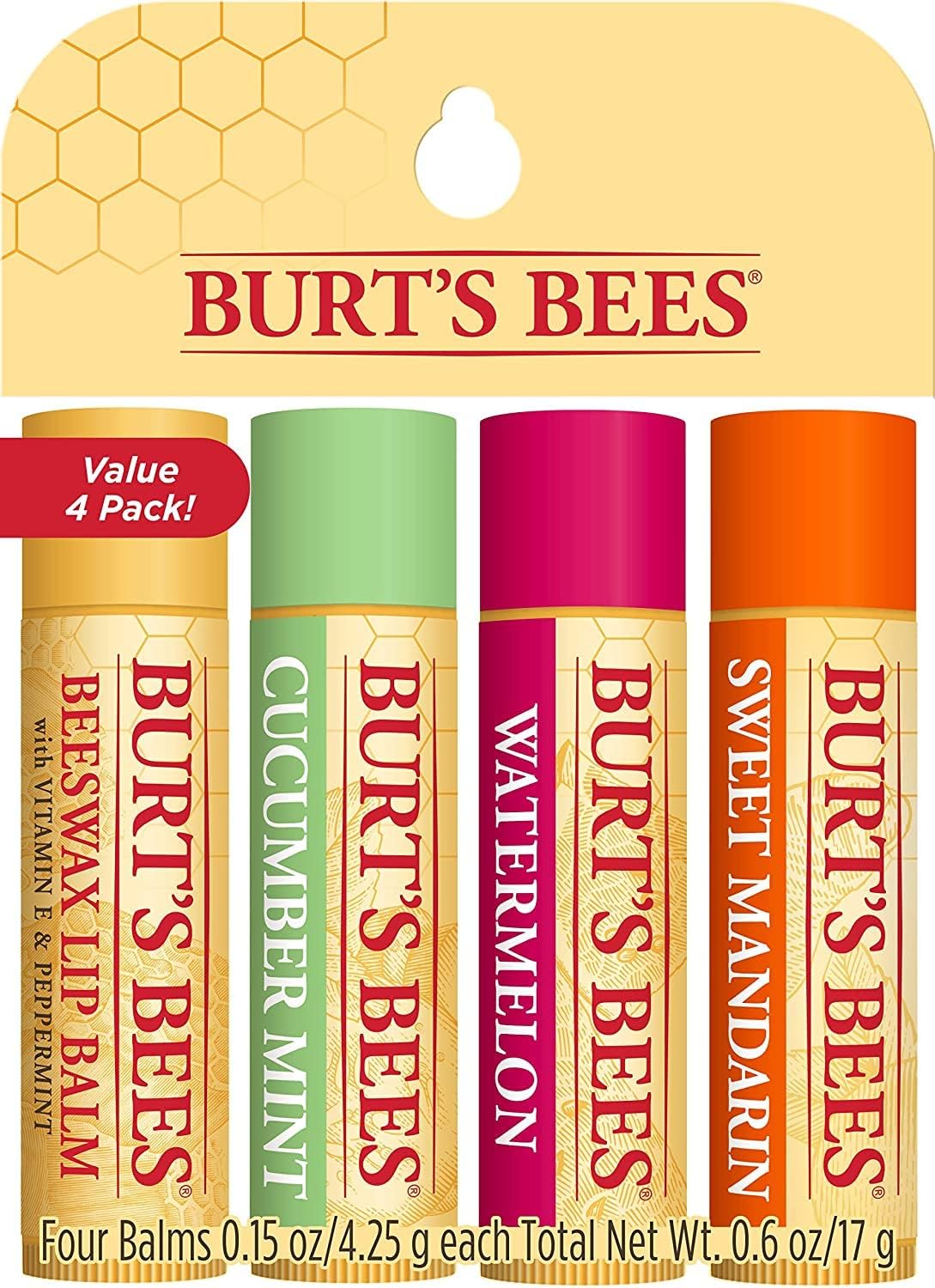 100% Natural Moisturising Lip Balm, Freshly Harvested - Beeswax, Cucumber Mint, Watermelon and Sweet Mandarin - (4 Tubes × 4.25g), 4 Pieces (Pack of 1)