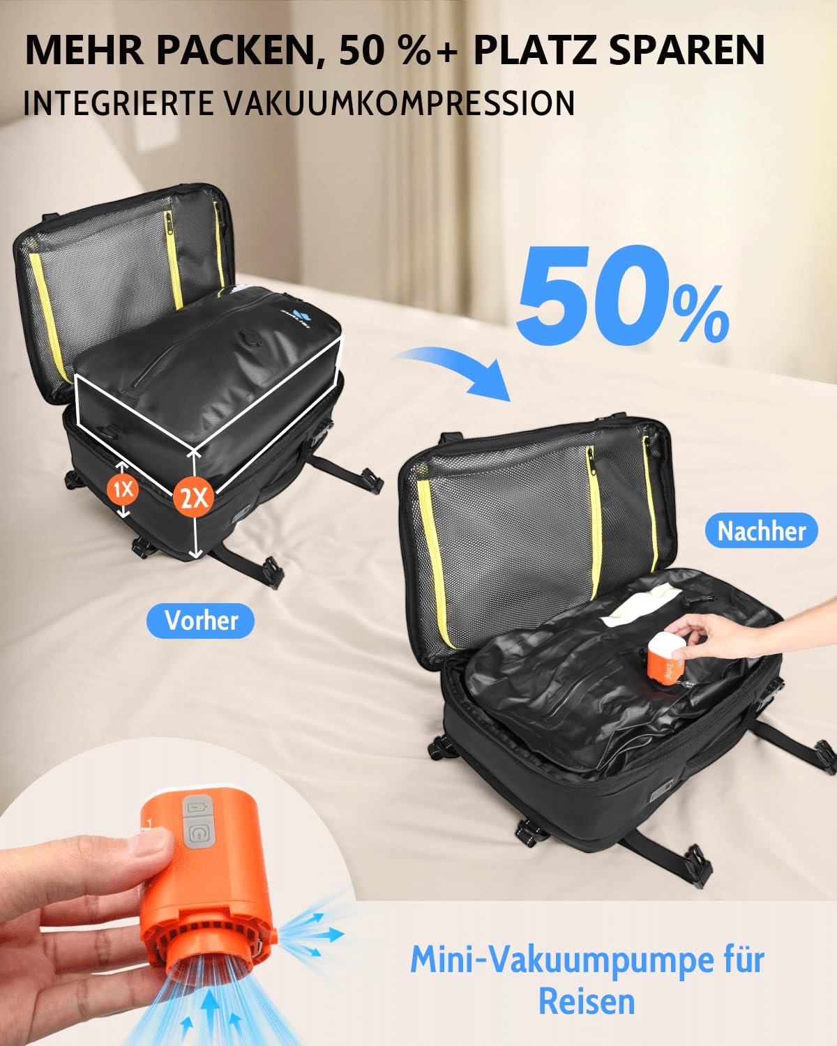 Zurligi Vakuum-Reiserucksack mit Vakuumbeutel, Mini-Pumpe, 30–60L, TSA-Lock | Erweiterbarer, wasserabweisender Carry-on-Rucksack mit herausnehmbarem Vakuumbeutel, Diebstahlschutz, für Damen und Herren