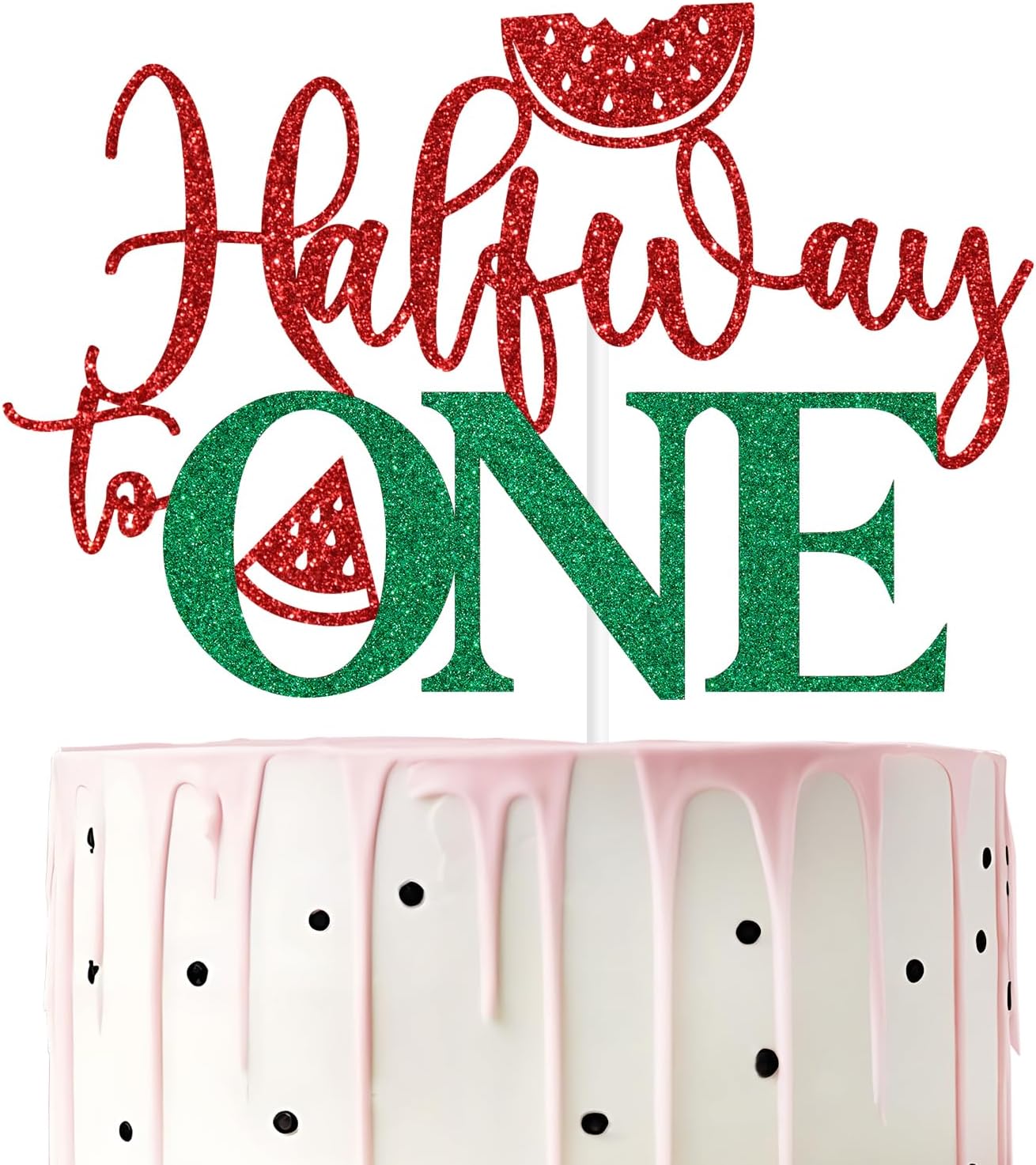 Red Glitter Half Way to One Cake Topper, Watermelon Sweet 6 Months Cake Décor, Summer Luau Hawaiian Watermelon Themed Baby's 1st Birthday Party Decorations Supplies