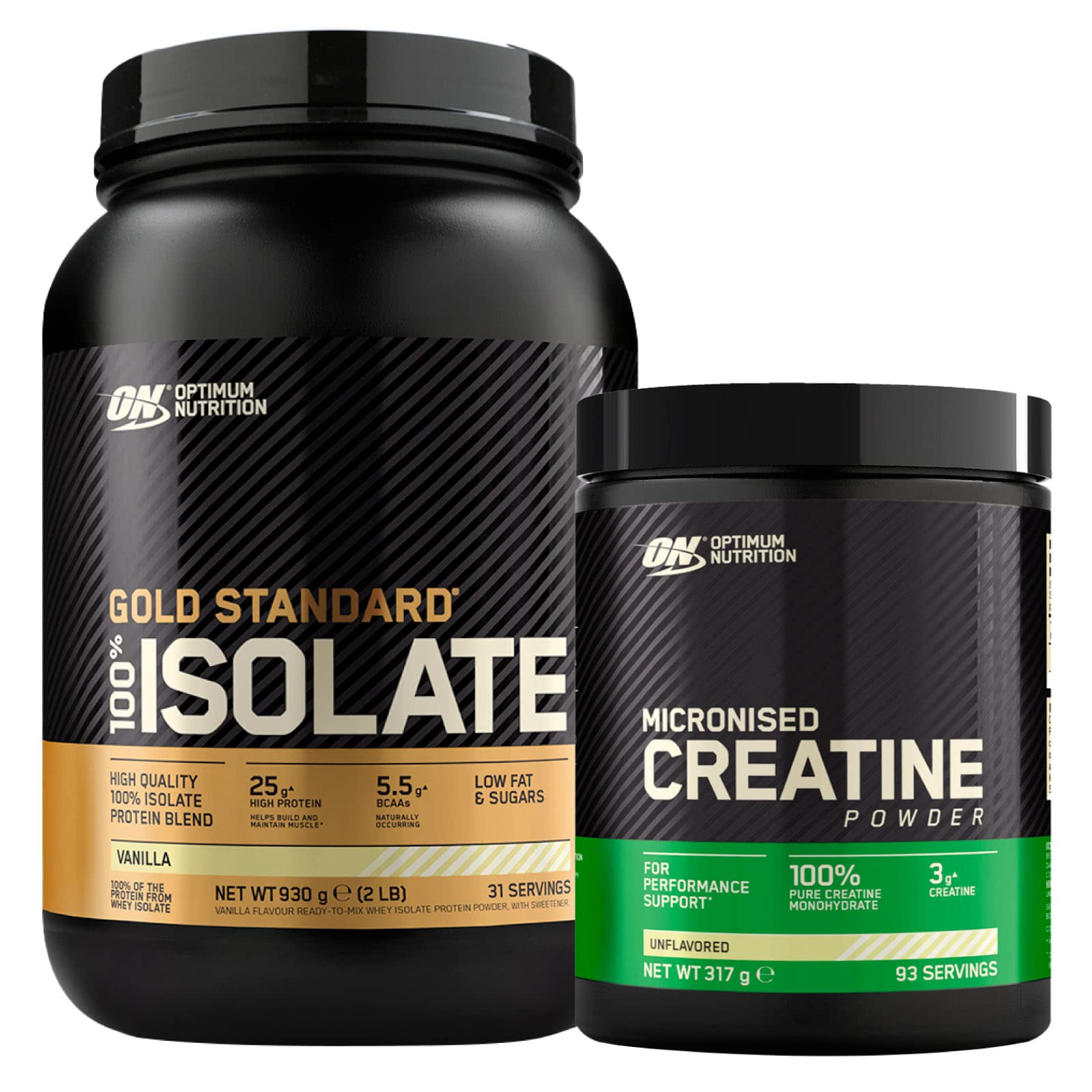 Optimum Nutrition 100% Gold Standard Isolate Proteine Whey in Polvere con BCAA Vaniglia 930g 31 Porzioni + Micronised Creatine Monohydrate per la Performance Non Aromatizzato 317g 93 Porzioni