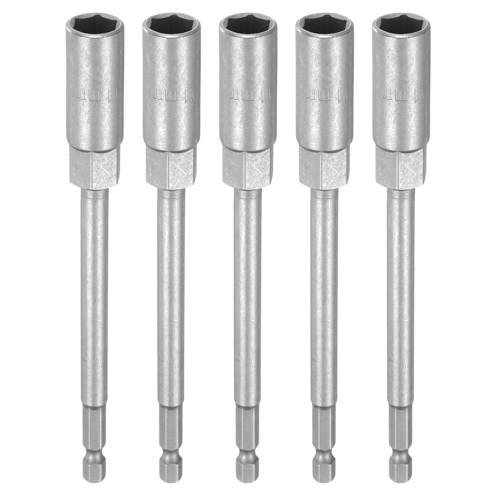 sourcing map 5pcs Nut Driver Drill Bit 11mm Metric Impact Socket 1/4" Hex Shank 6" (150mm) Extra Long 6-Point Sockets Quick-Change CR-V Steel Bolt Setter for Power Drill Drivers