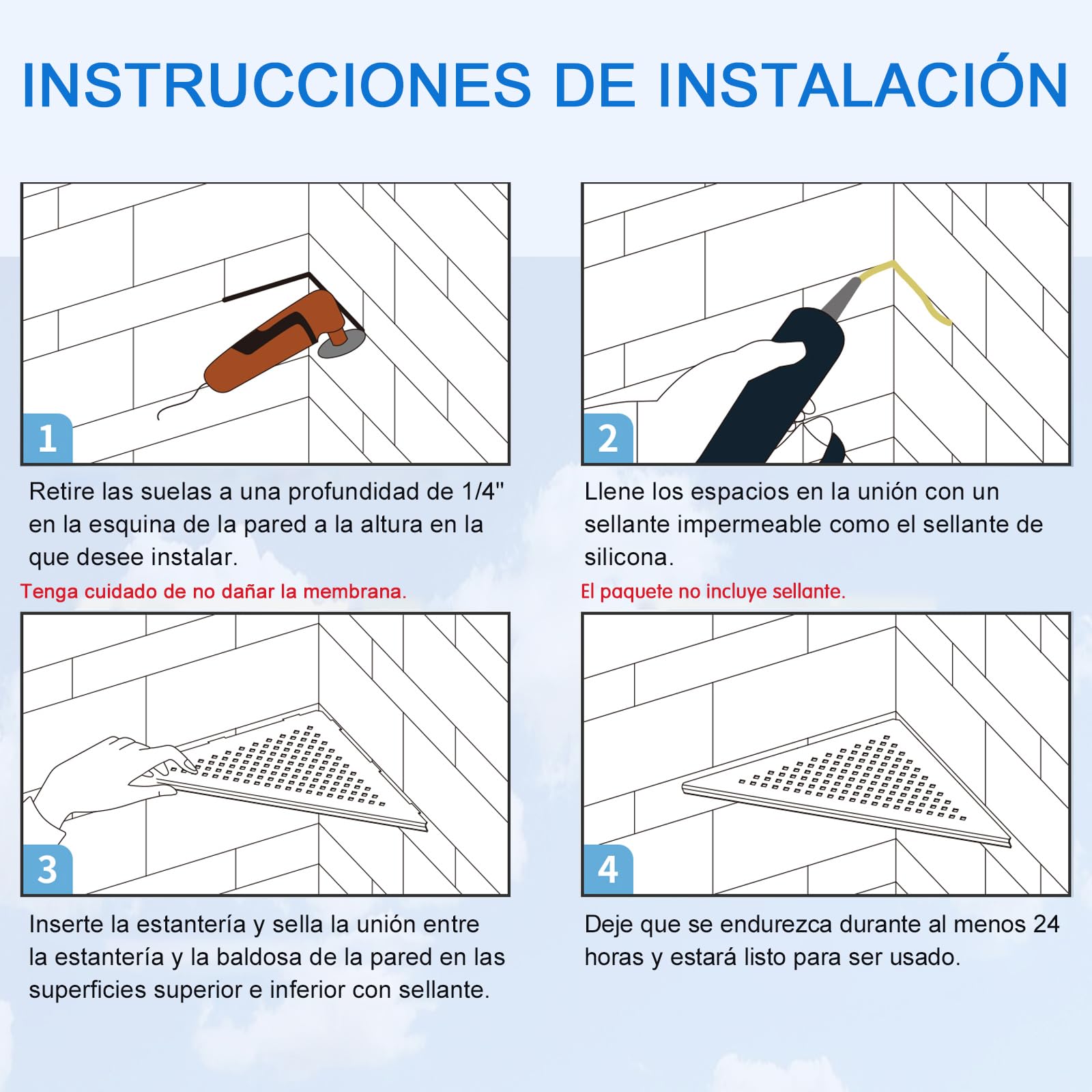 Estantería de esquina para ducha, sin necesidad de perforar, de acero inoxidable 304, para baño, soporte para champú, organizador, agujero cuadrado, 254 * 254 * 355 mm, negro, 2 piezas
