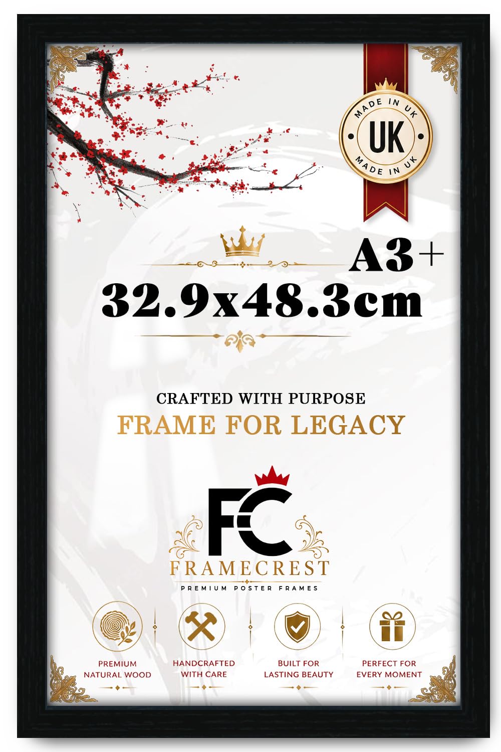 FRAMECREST Flat Profile Large A3 + 32.9x 48.3cm Poster Frames Eton Wood Perfect for Wall Gallery, Living Room & For Wall Hanging Mount Poster Picture -[Black]