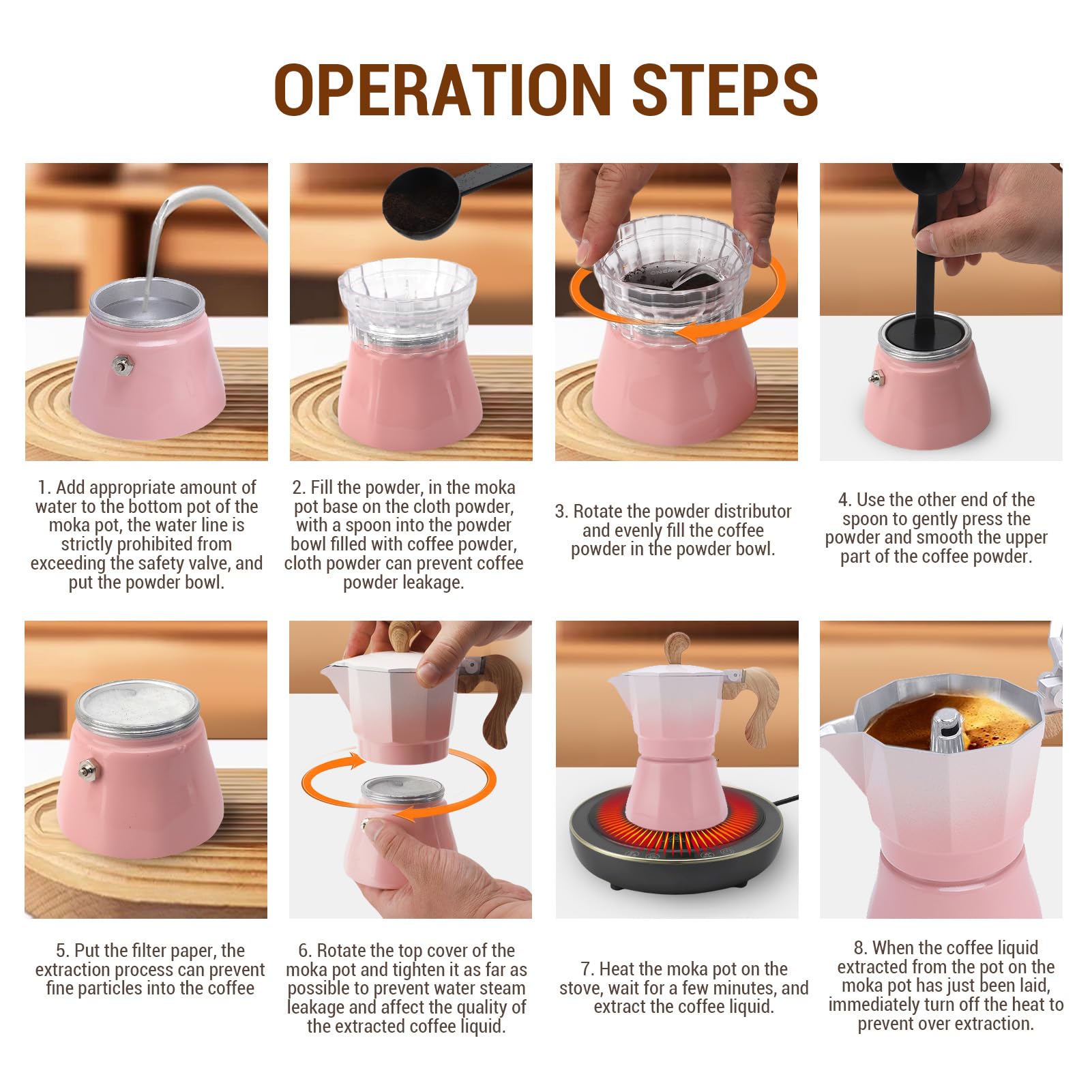 Cocoarm Italiana de Aleación de Aluminio 150 Ml 3 Tazas con Filtro de Papel y Cuchara para la Cocina Casera para Latte Cappuccino (Rosada)
