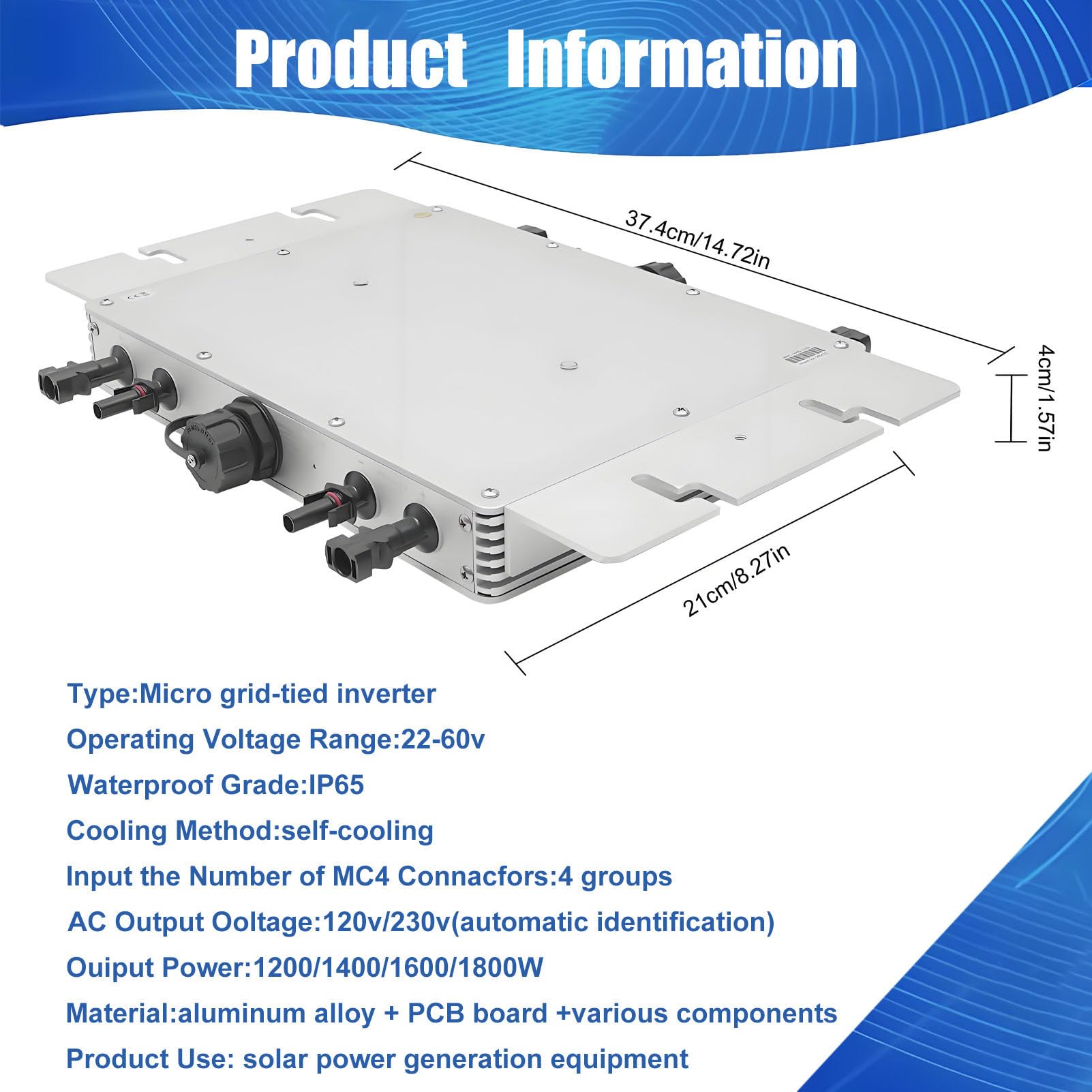 Inversor de Onda sinusoidal Pura Impermeable IP65, microinversor de conexión a Red Solar para Zonas residenciales, comerciales, centrales eléctricas y escuelas. 1200W