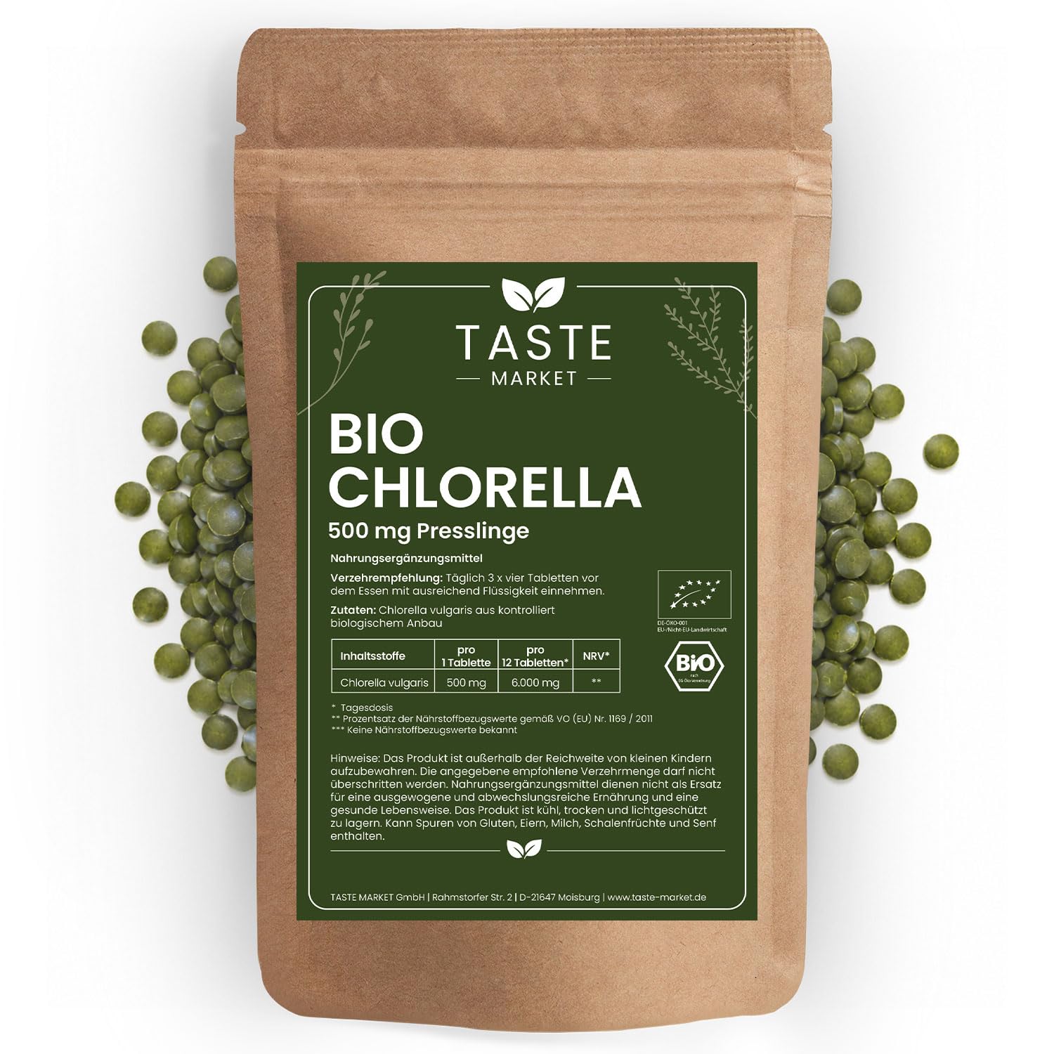 BIO Chlorella Presslinge | 5.000 Tabletten á 500mg Chlorella | 2,5 kg | 100% reine Algen Tabletten ohne Zusätze | Vegan | Taste Market
