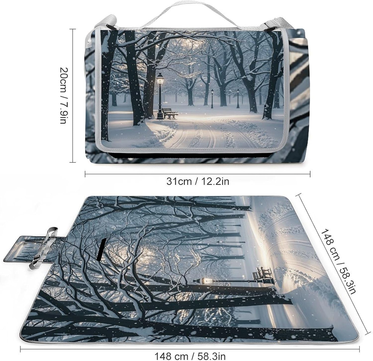 Outdoor Picnic Blanket Extra Large Beach Blanket Waterproof Picnic Mat Winter Snow Falling in The Park Camping Blanket Portable with Carry Strap Park Blanket for Grass Camping Park