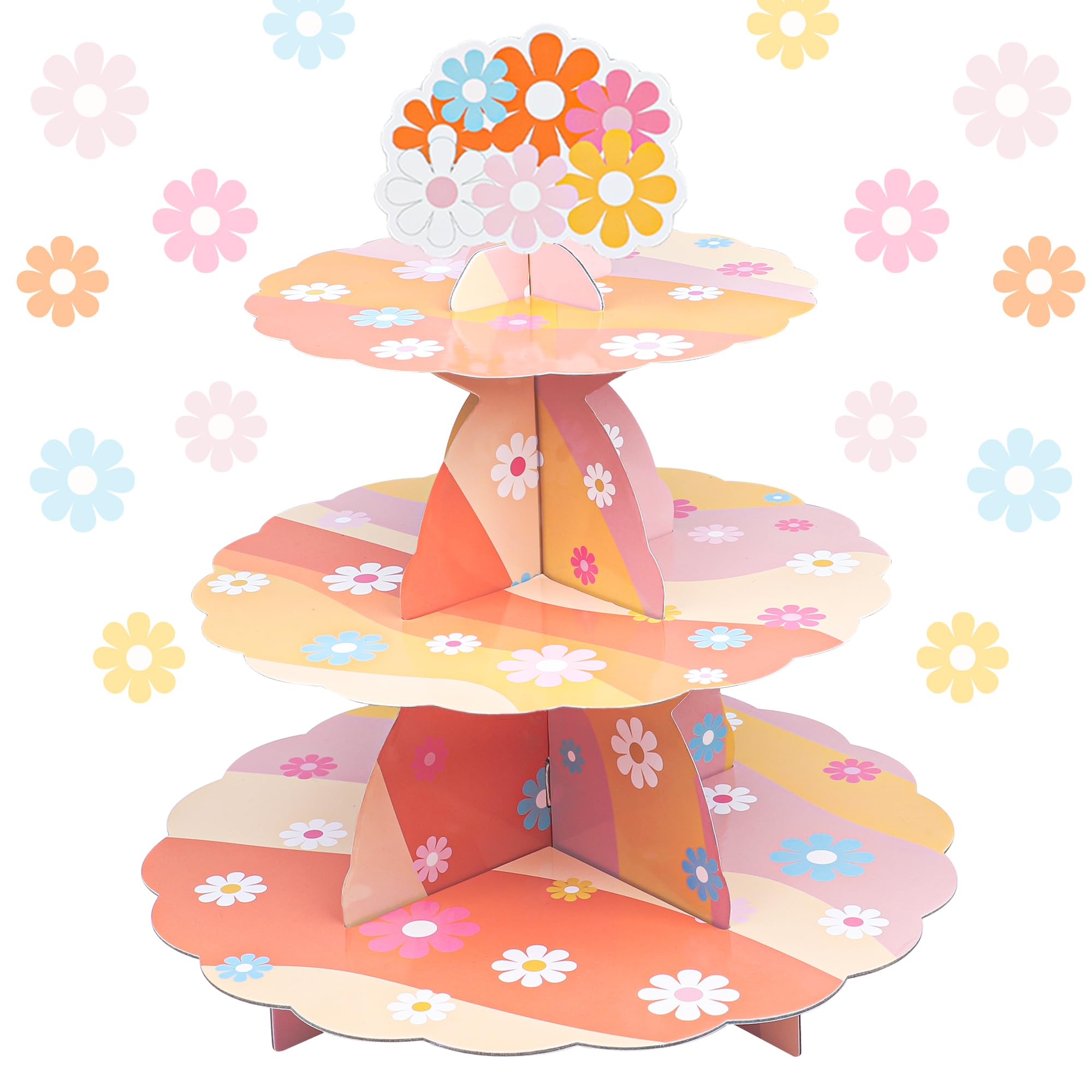Boho Cupcake Stand Groovy Party Dessert Stand 3 Tier Cupcake Tower Holder Hippie Daisy Party Supplies Cardboard Stand for Food Serving Two Groovy Party Decor Baby Shower