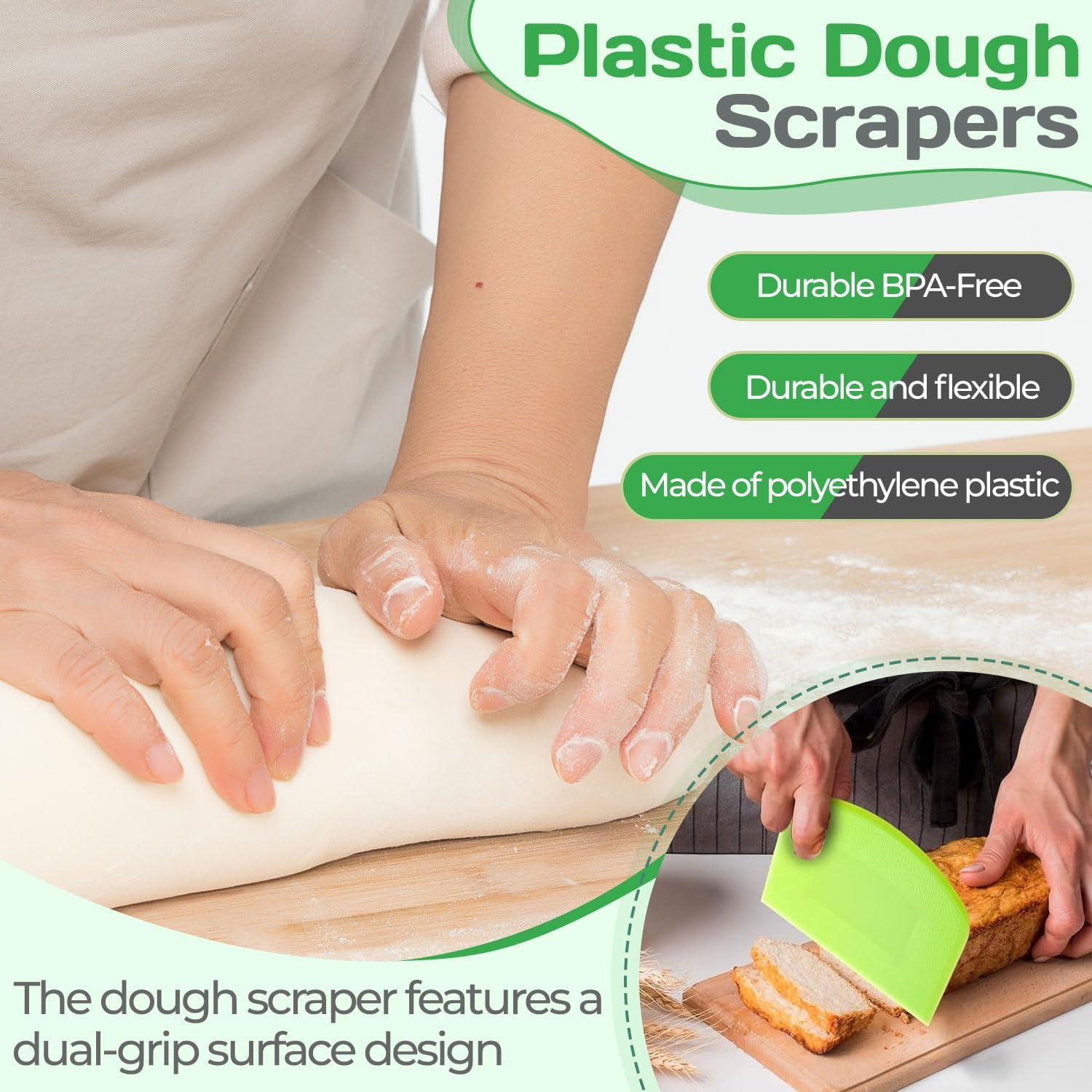 4 Pcs Dough Scraper Bench Scraper 4.65x3.66" Plastic Flexible Bowl Scraper Sharp-Edged Multi-Angle Cake Scraper Non-Slip Baking Tool Decorating Tool Shaping Tool (4Pcs Two white+ Two green) thumbnail