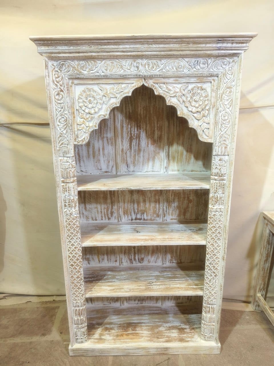 Solid Wooden Carved Decorative Shelves | Antique Book Shelf | Frame Without Mirror | Grey Distress | 100 * 40 * 180cm-image-29