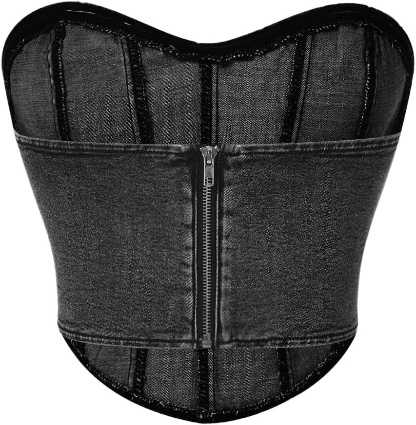 Floerns Women's Solid Strapless Bandeau Asymmetrical Hem Denim Crop Tube Top - Image 2