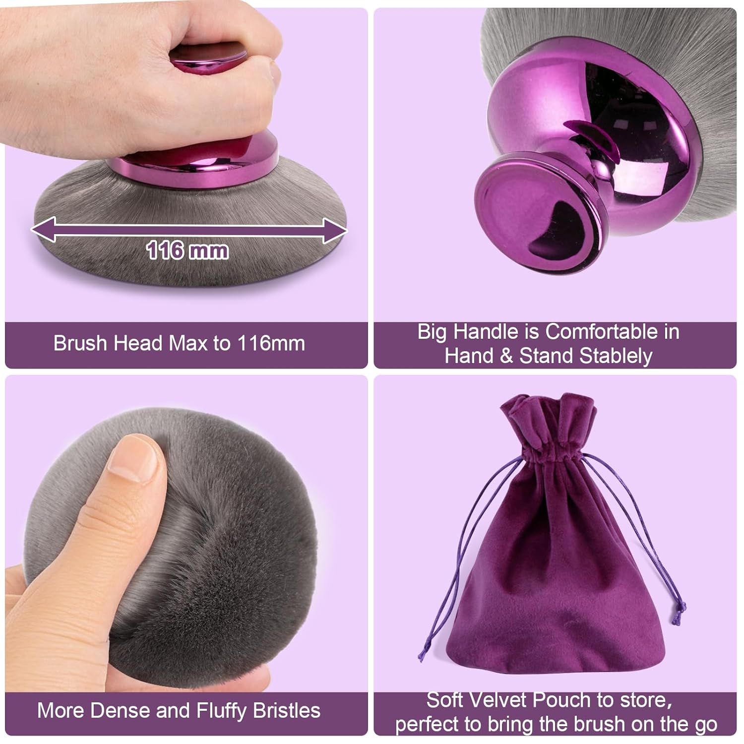 Blend & Blur Extra Large Body Makeup Brush for Self Tanner,Leg Makeup & Bronzer Self Tan Applicator, 90mm Wide Round Head Kabuki Brush For Application with Drawstring Velvet Bag (Purple) - Image 6