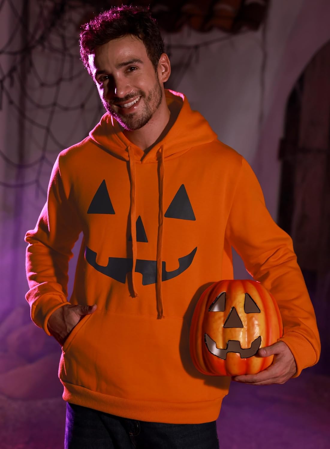 Arvilhill Men Halloween Pumpkin Hoodies Jack O' Lantern Costume With Drawstring Daily Long Sleeve Pullover Orange L - Image 7