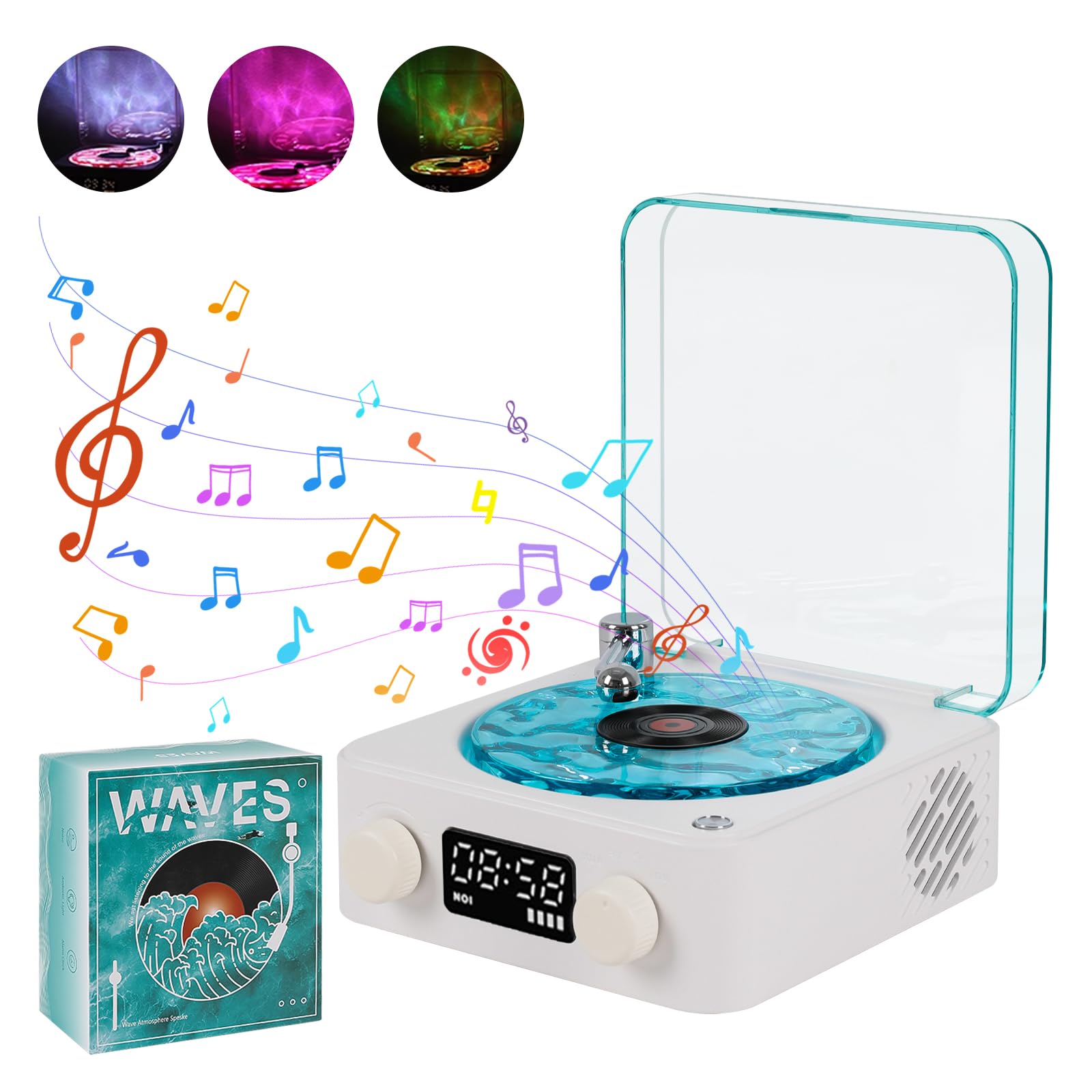 Waves - Altoparlante in vinile Bluetooth, con luce RGB e effetto onde d'acqua, 3 modalità stereo, con 4 suoni della natura, compatibile con scheda TF e modalità AUX (bianco)