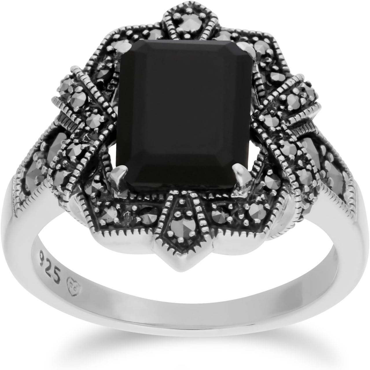 Gemondo Black Onyx Ring, Sterling Silver Black Onyx & Marcasite Octagon Art Nouveau Ring