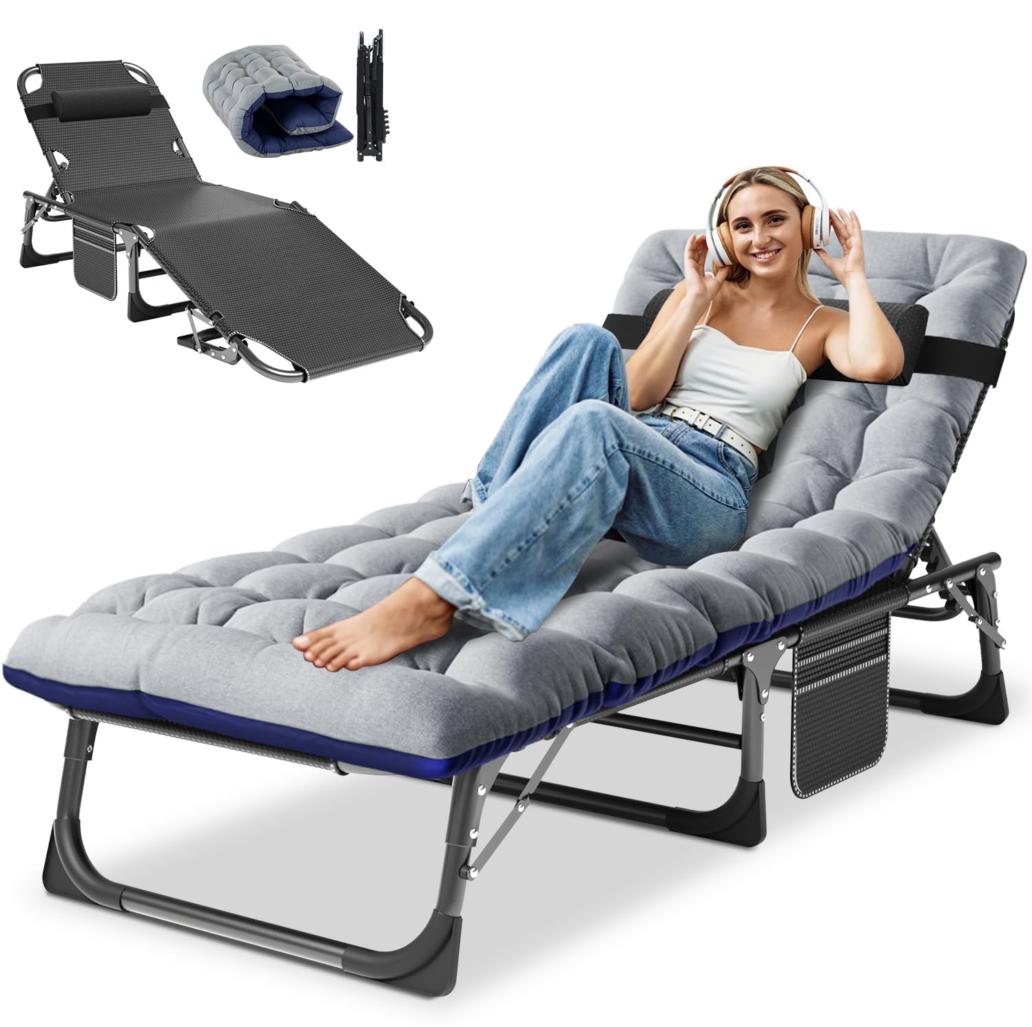 Obqer Folding Sun Loungers, 200KG Capacity Camping Bed with Cushion and Side Pockets, Adjustable Backrest, Easy to Assemble, Camp Beds for Adults, Guest Bed for Garden Pool Sunbathing