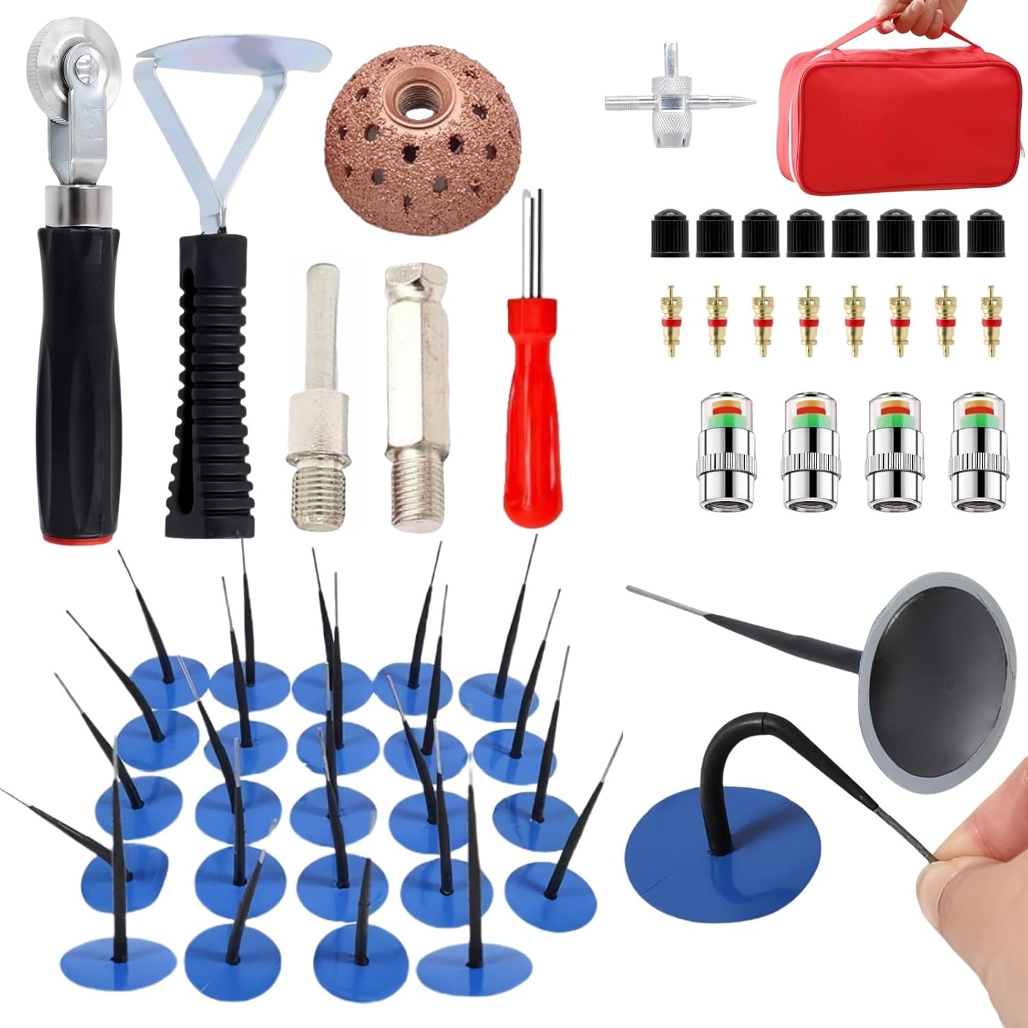 Tire Repair Patch Tool Kit, 24pcs Tire Patch Plugs,Tungsten Buffing Wheel, Inner Liner Scraper,Patch Roller and 4pcs 2.2Bar 32-to-35 PSI Car Tire Pressure Monitor for Cars, Motorcycles, Bicycles