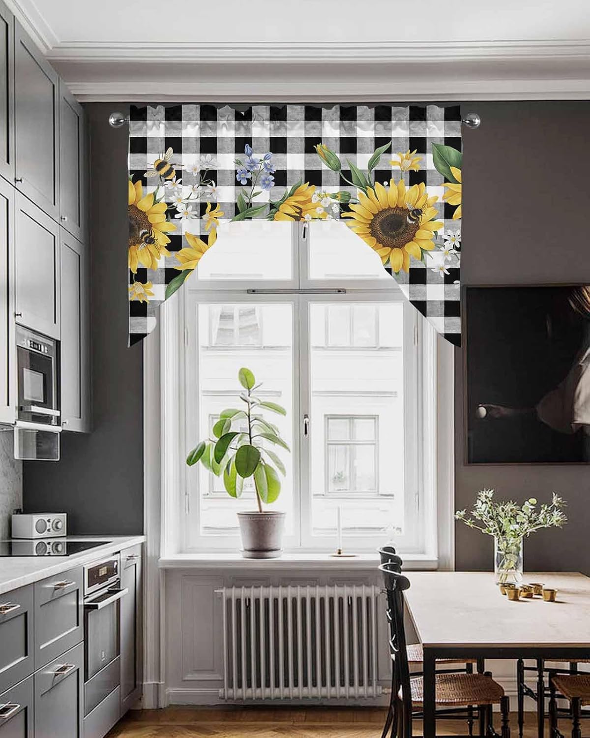 T&H XHome Swag Curtain Valances for Kitchen Windows, Summer Sunflower Black and White Buffalo Plaid Rod Pocket Small Windows Treatment Curtain Panel for Cafe Bathroom Farmhouse Dining Room