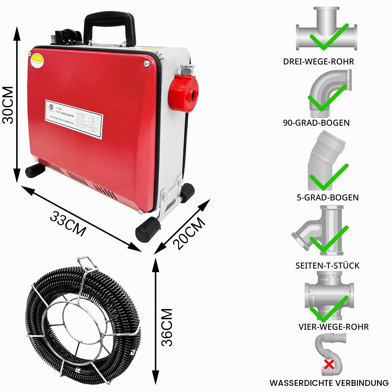 Elektrische Abflussspirale 550W Rohrreinigungsmaschine | Abflussreiniger Set für Küche, Bad & WC | Inkl. 28m Spirale & 7 Bohrköpfe | Effektiver Rohrreiniger