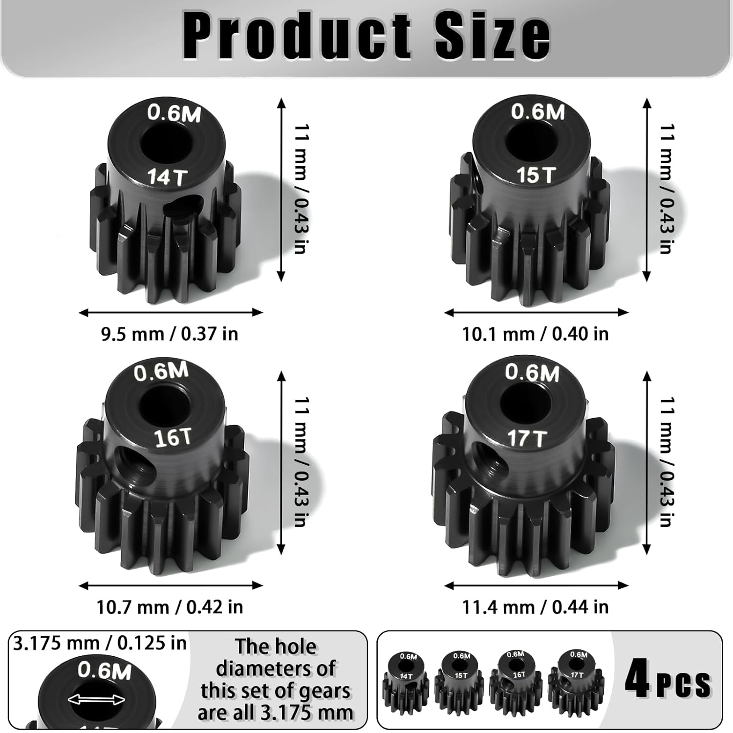 4Pcs 0.6M Hardened Steel Pinion Gear Set 3.175mm 14T 15T 16T 17T Motor Pinion Gear with M4 Screw and Hex Key, Fit 3.175mm (1/8-Inch) Shaft, for Arrma HPI Kyosho Losi Axial Traxxas Tamiya 1/10 RC Car