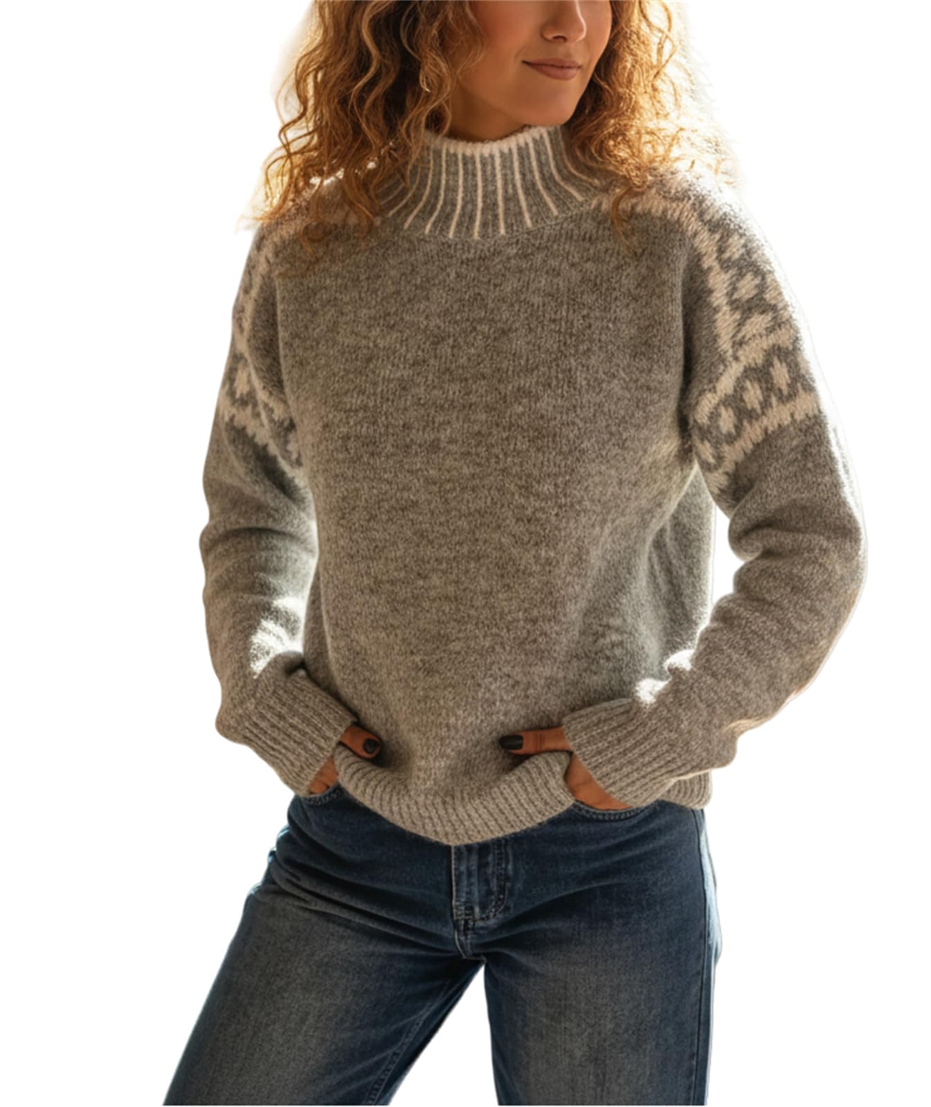 Womens Fair Isle Sweater Fashion Fall High Neck Long Sleeve Vintage Elegant Knit Pullover Tops Winter Jumper