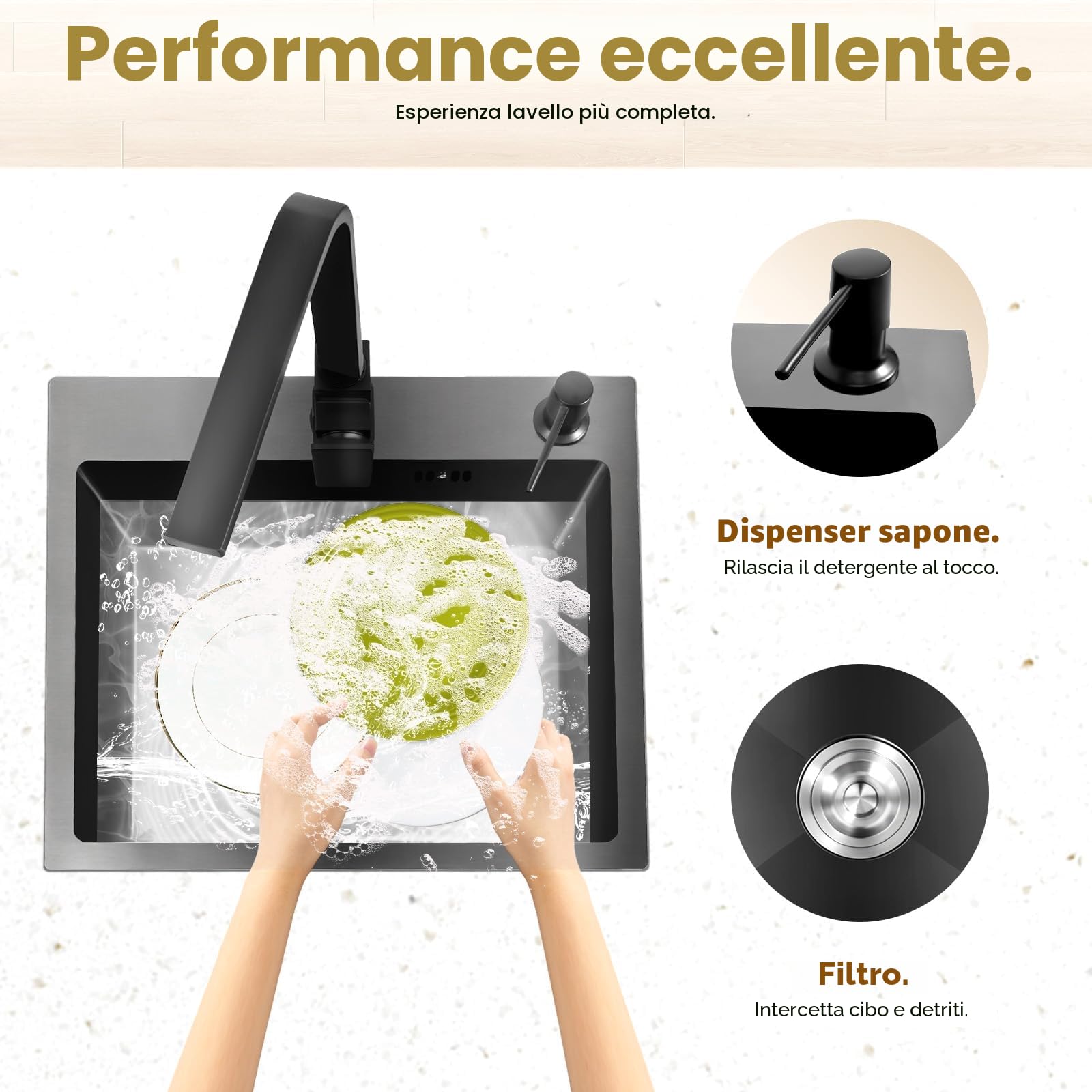 Lavello da cucina, nero, 45 x 40 cm, 1 vasca, in acciaio inox, rettangolare, moderno, con scolapiatti, rubinetto, dispenser di sapone