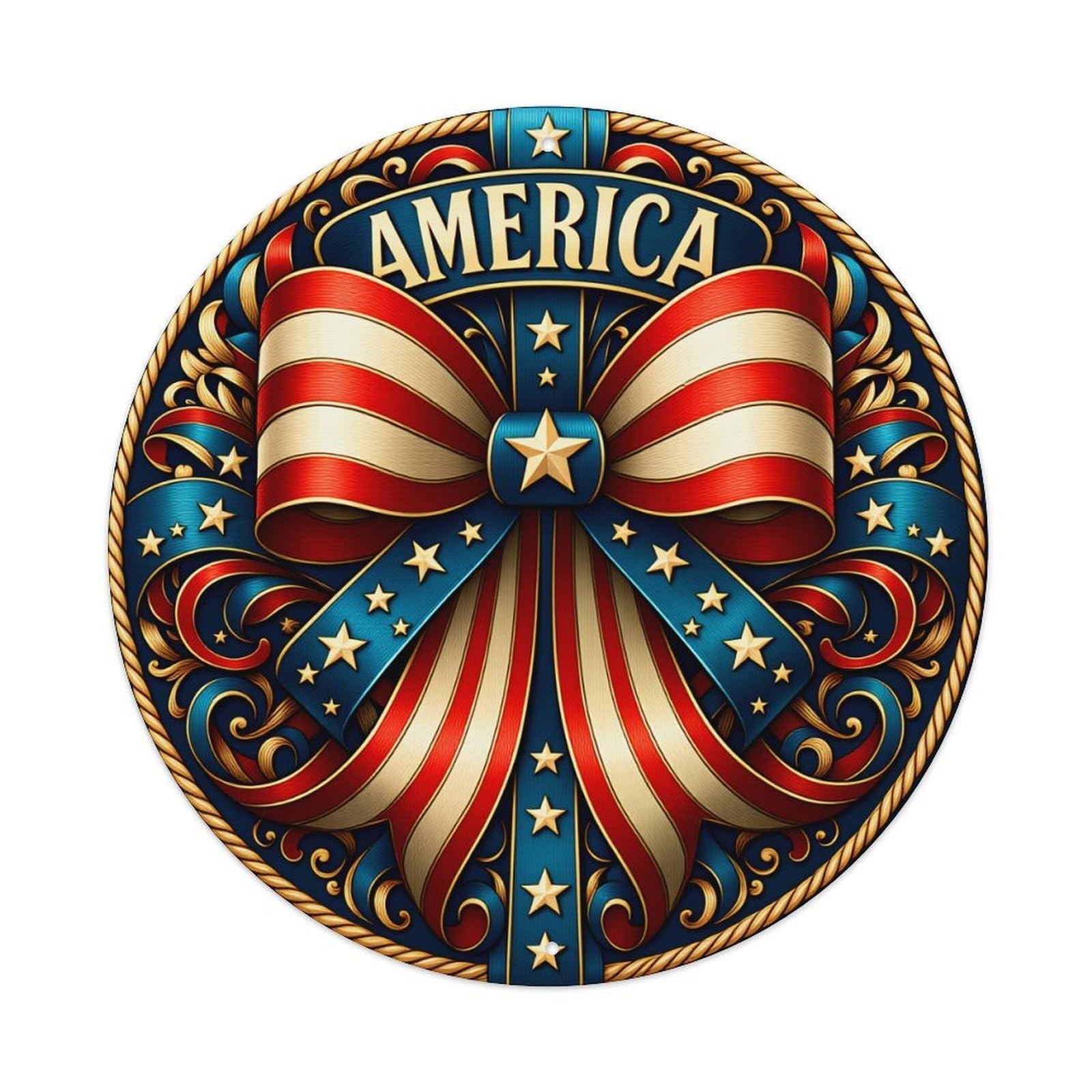 America Flag Ribbon Stars Pattern Round Tin Sign Vintage Metal Poster, Home Bar Garage Man Cave Cafe Indoor & Outdoor Wall Decoration 8x8Inches